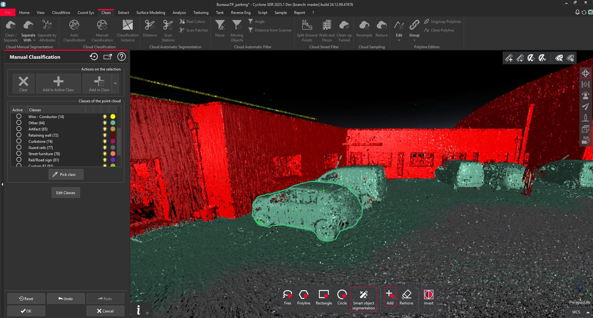 a 3d visualization software interface displaying a scene with red and cyan color coding overlaid on vehicles and buildings user interface features on the left include classification options and controls digital production A 3D visualization software interface displaying a scene with red and cyan color coding overlaid on vehicles and buildings. User interface features on the left include classification options and controls.