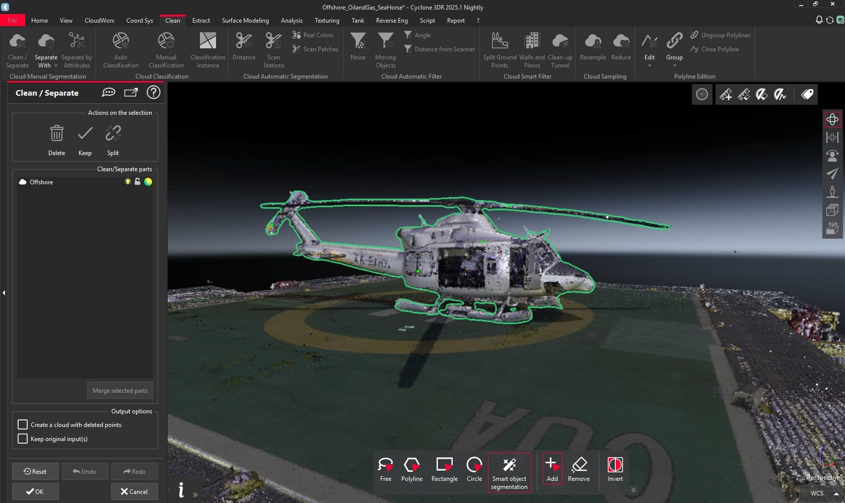 a software interface displaying a helicopter model on a helipad with selected features highlighted tools for editing and managing the model are visible on the left panel digital production A software interface displaying a helicopter model on a helipad with selected features highlighted. Tools for editing and managing the model are visible on the left panel.