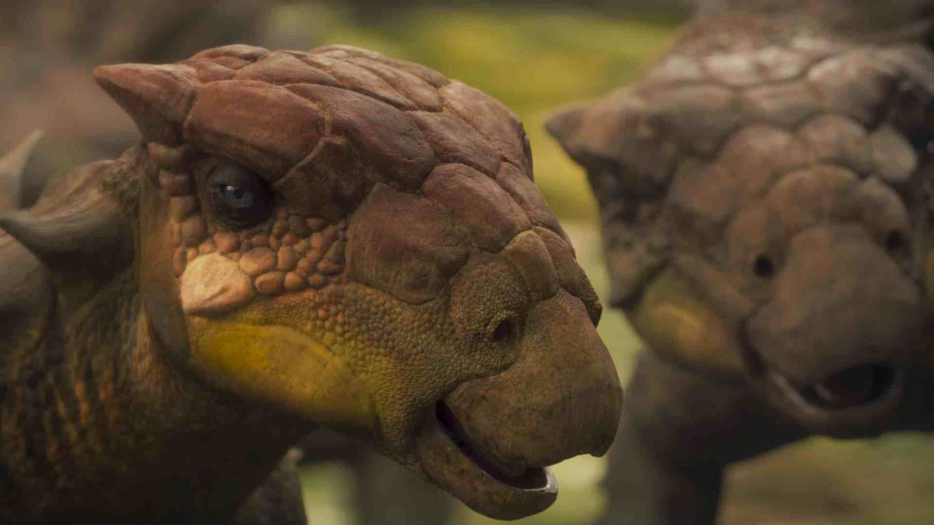 closeup view of two animated tortoiselike creatures showcasing their textured rocky shells and expressive faces set against a natural background of greenery the creatures exhibit a combination of curiosity and calmness adding to their lifelike appearance digital production Close-up view of two animated tortoise-like creatures, showcasing their textured, rocky shells and expressive faces, set against a natural background of greenery. The creatures exhibit a combination of curiosity and calmness, adding to their lifelike appearance.