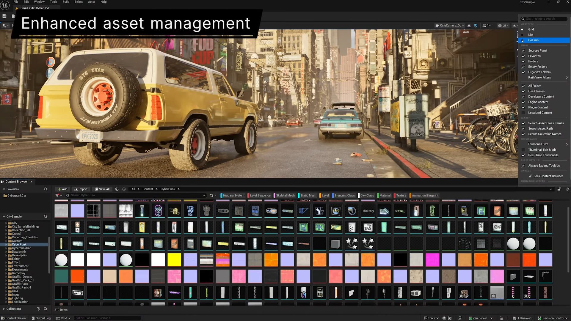 a yellow vintage suv parked on a city street with a blue car further along in the foreground a user interface shows various asset thumbnails for management purposes the scene is set in a bustling urban environment digital production A yellow vintage SUV parked on a city street with a blue car further along. In the foreground, a user interface shows various asset thumbnails for management purposes. The scene is set in a bustling urban environment.