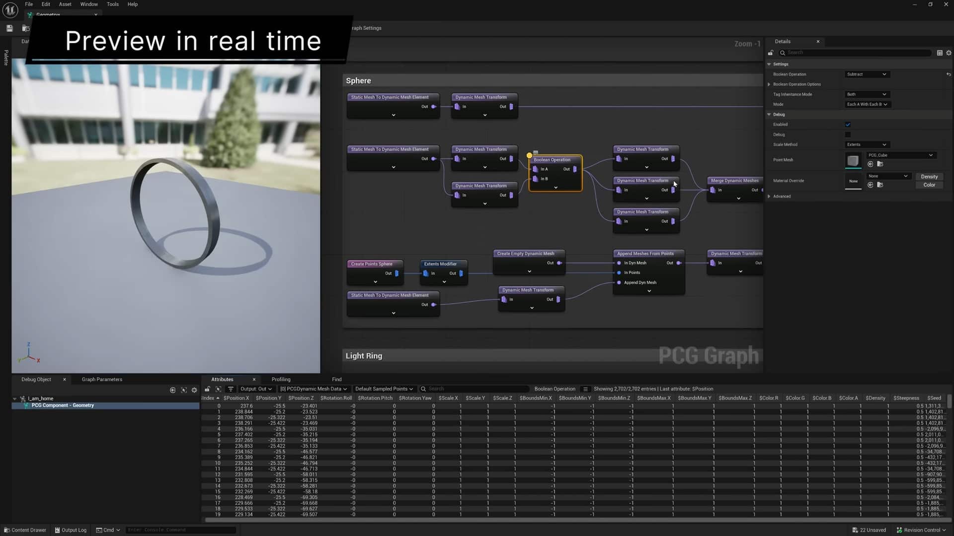 a computer screen displaying a 3d render of a ring on the left side and a node graph interface on the right with various options for adjusting visual properties the text preview in real time is overlaid at the top digital production A computer screen displaying a 3D render of a ring on the left side and a node graph interface on the right, with various options for adjusting visual properties. The text 'Preview in real time' is overlaid at the top.