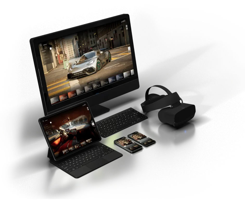 a desktop monitor displaying a racing game scene features a sleek car on a city street in front of it a tablet shows a similar game with a keyboard attached a vr headset and two smartphones are placed nearby on a dark surface complementing the gaming setup digital production A desktop monitor displaying a racing game scene features a sleek car on a city street. In front of it, a tablet shows a similar game with a keyboard attached. A VR headset and two smartphones are placed nearby on a dark surface, complementing the gaming setup.