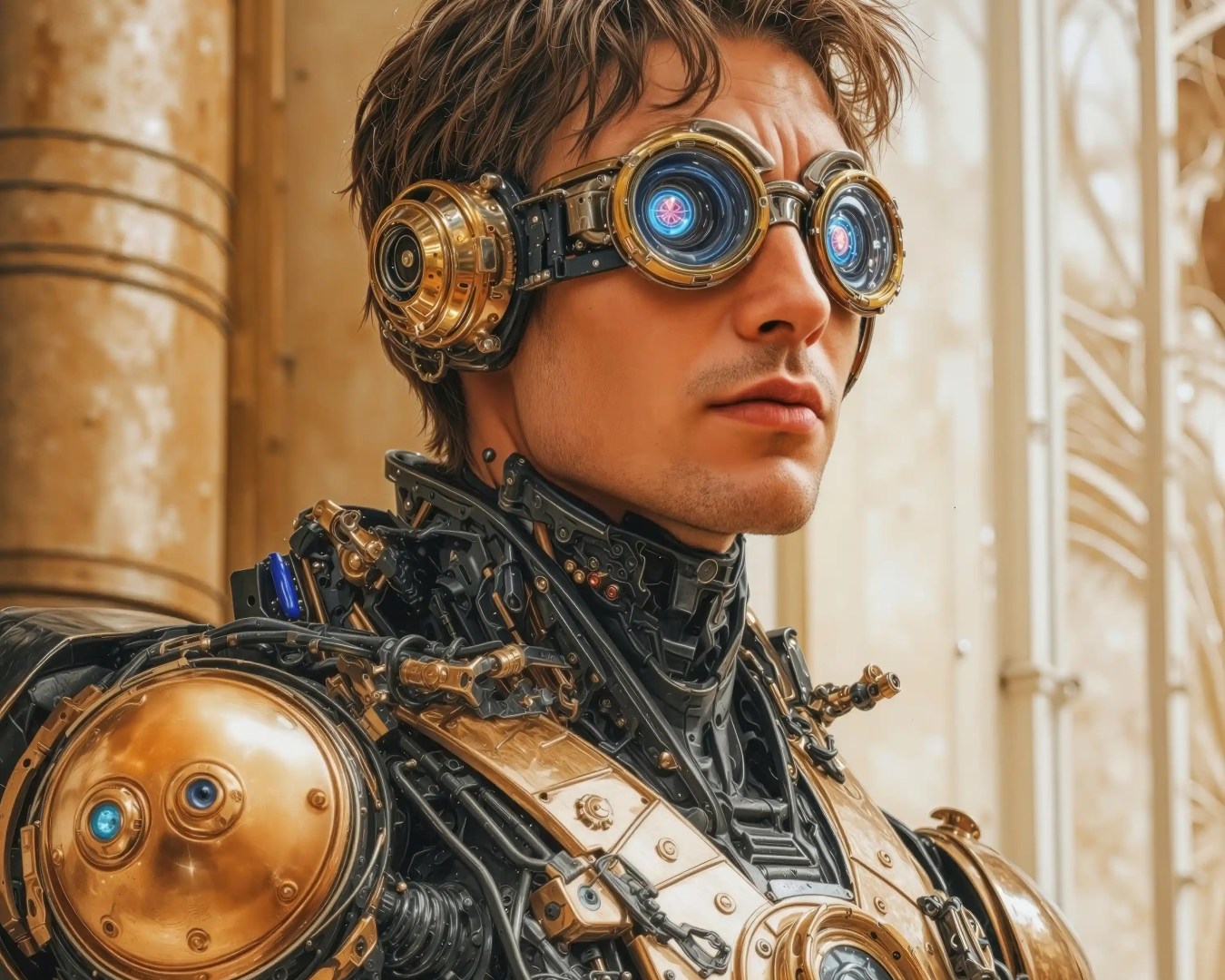 a man wearing futuristic goggles and a metallic costume featuring intricate gold and black designs the background includes architectural elements with a warm tone digital production A man wearing futuristic goggles and a metallic costume featuring intricate gold and black designs. The background includes architectural elements with a warm tone.