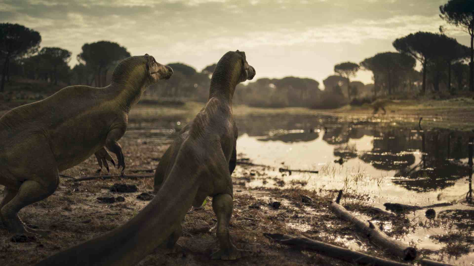 two dinosaurs standing near a calm lake gazing towards a distant landscape filled with trees under a cloudy sky the setting is prehistoric with soft lighting and reflections on the waters surface digital production Two dinosaurs standing near a calm lake, gazing towards a distant landscape filled with trees under a cloudy sky. The setting is prehistoric, with soft lighting and reflections on the water's surface.