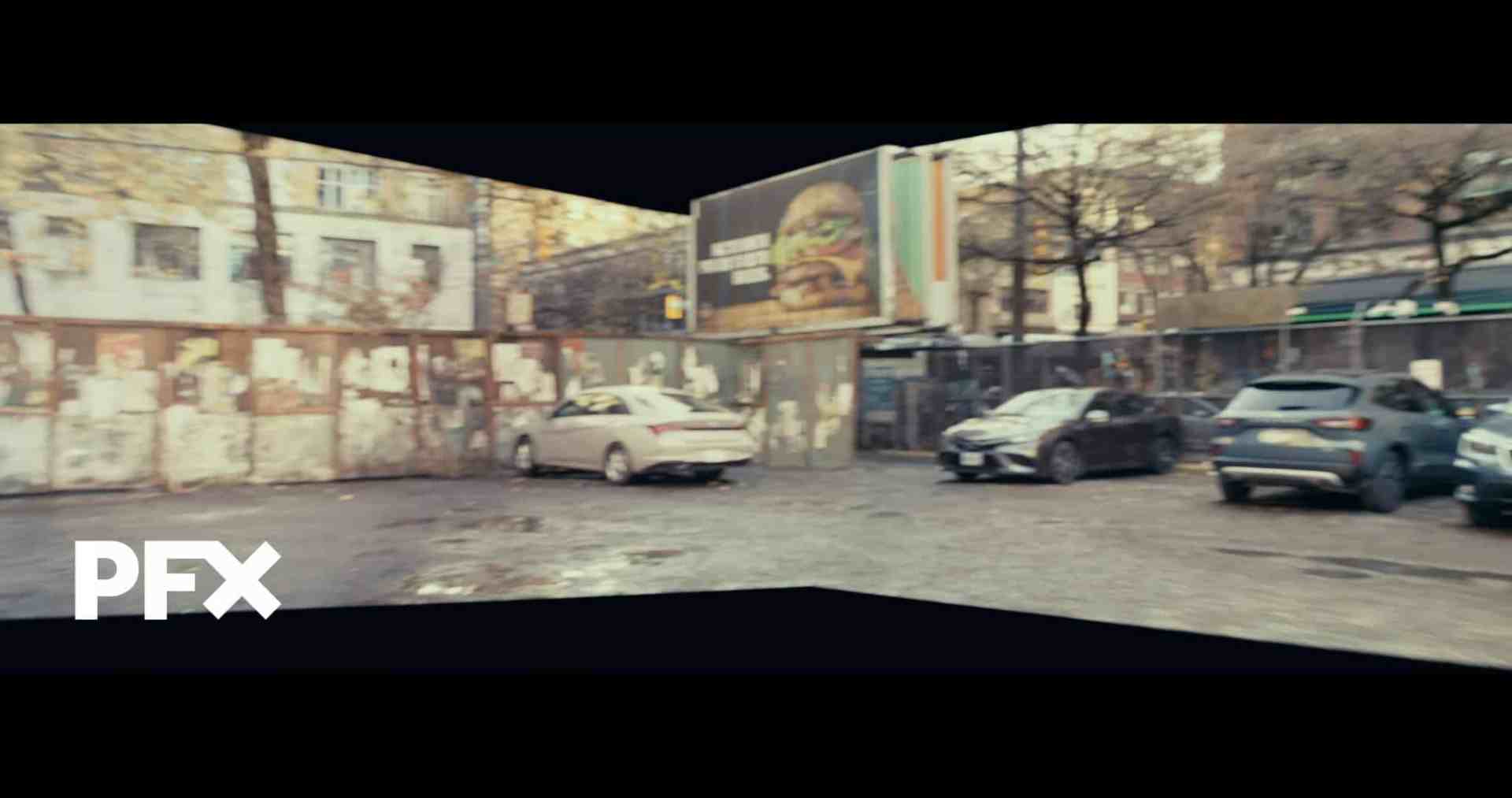 a panoramic view of an urban parking lot with several parked cars a large advertising billboard featuring a burger is visible in the background alongside graffiticovered walls and leafless trees under an overcast sky digital production A city street scene featuring parked cars and a weathered wall with various posters and graffiti, with a hamburger advertisement visible.