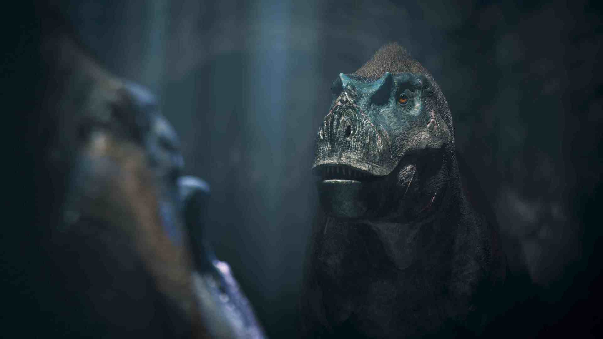 a closeup of a dinosaur with a textured skin and a prominent snout in a dimly lit environment with beams of light cutting through the darkness the dinosaur gazes intently into the distance showcasing intricate details on its face digital production A close-up of a dinosaur with a textured skin and a prominent snout, in a dimly lit environment with beams of light cutting through the darkness. The dinosaur gazes intently into the distance, showcasing intricate details on its face.