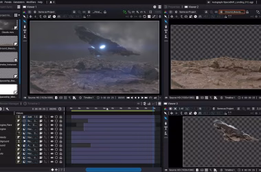 A digital workspace displaying four panels of a visual effects software. One panel shows an alien spacecraft hovering above a rocky terrain, while another panel displays the spacecraft against a transparent background. The bottom left panel contains a timeline and various layers, and the upper left panel showcases texture options.