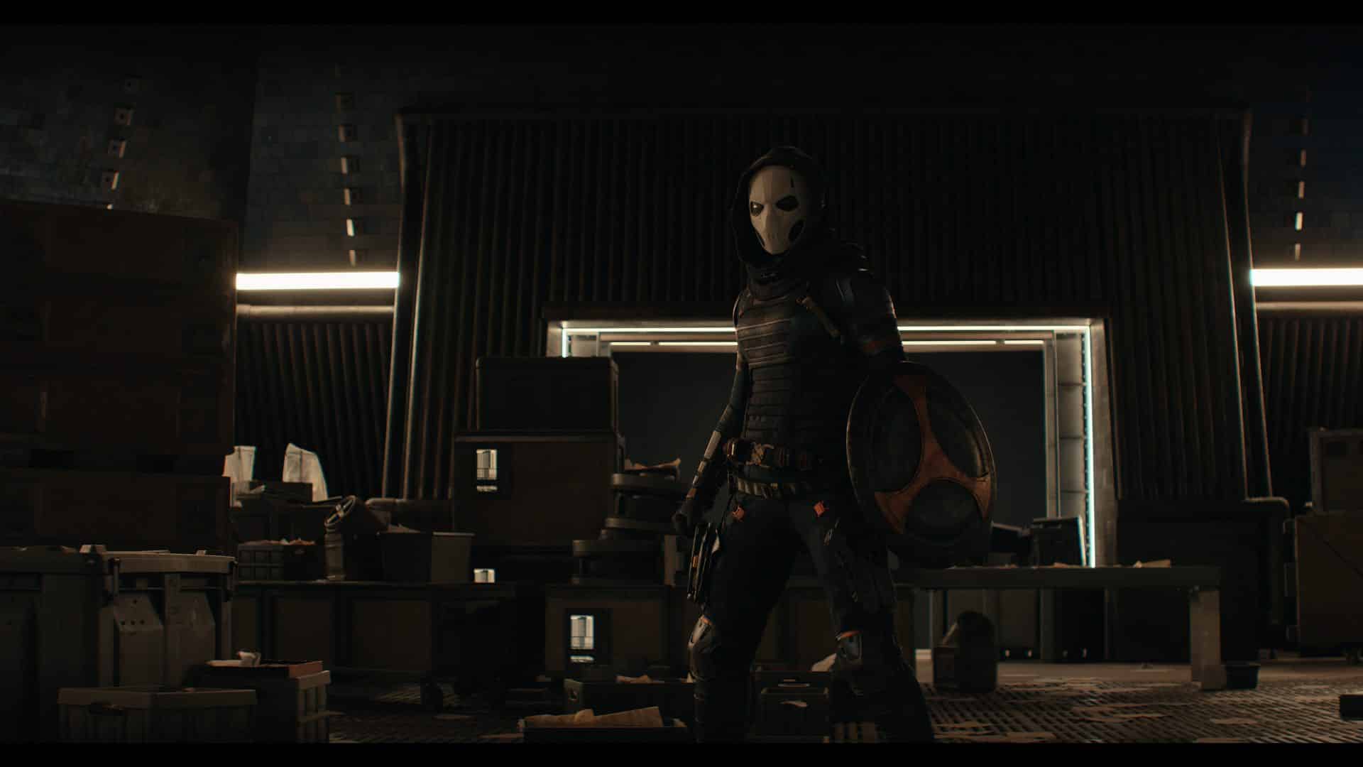 a masked character in a black tactical suit standing confidently in a dimly lit storage room filled with stacked boxes and crates holding a shield and a weapon at their side digital production A masked character in a black tactical suit standing confidently in a dimly lit storage room filled with stacked boxes and crates, holding a shield and a weapon at their side.