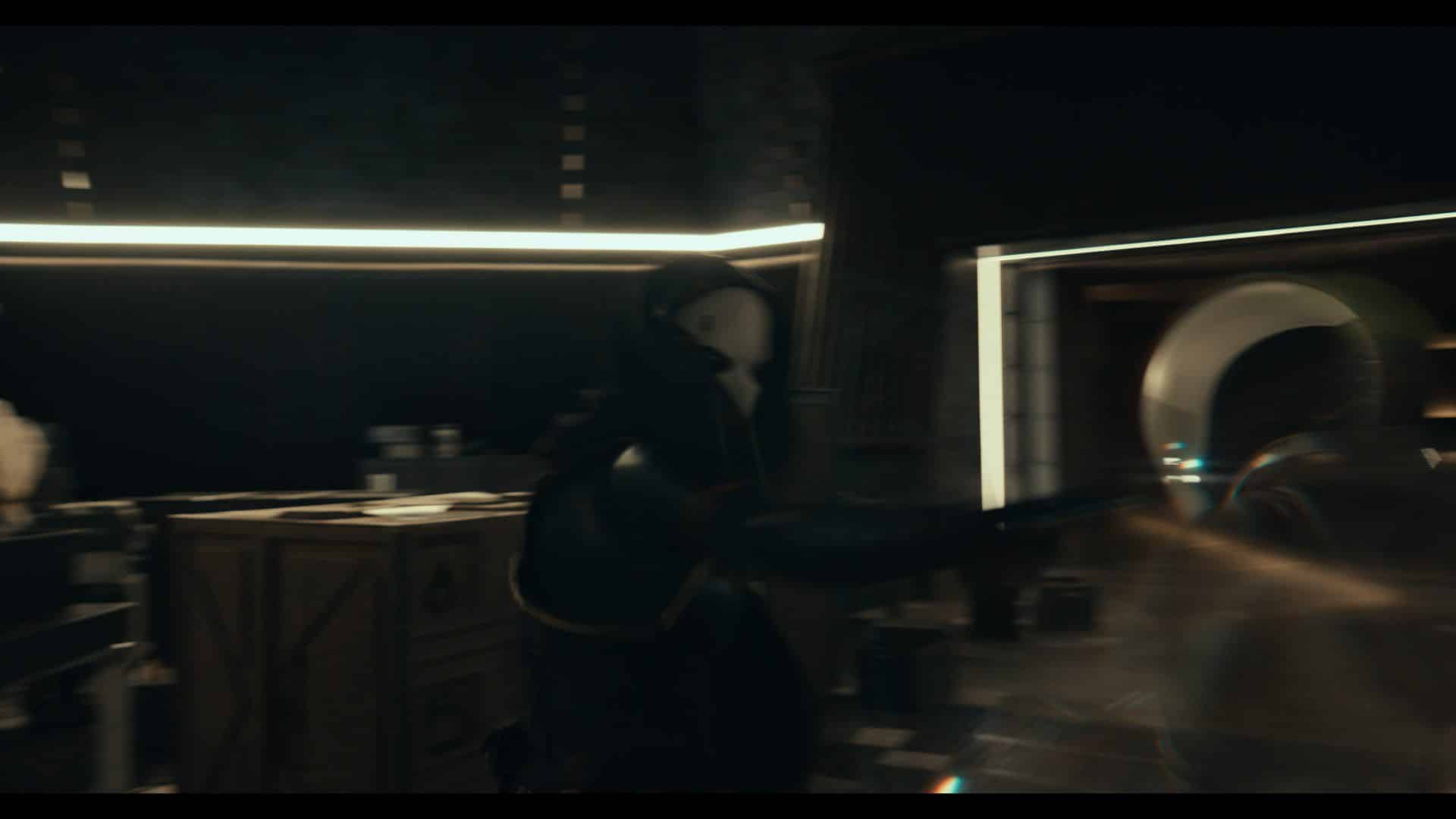 a masked figure in dark attire brandishing a weapon in a dimly lit environment with modern architecture and illuminated lines boxes are scattered in the background creating a tense atmosphere digital production A masked figure in dark attire brandishing a weapon in a dimly lit environment with modern architecture and illuminated lines. Boxes are scattered in the background, creating a tense atmosphere.