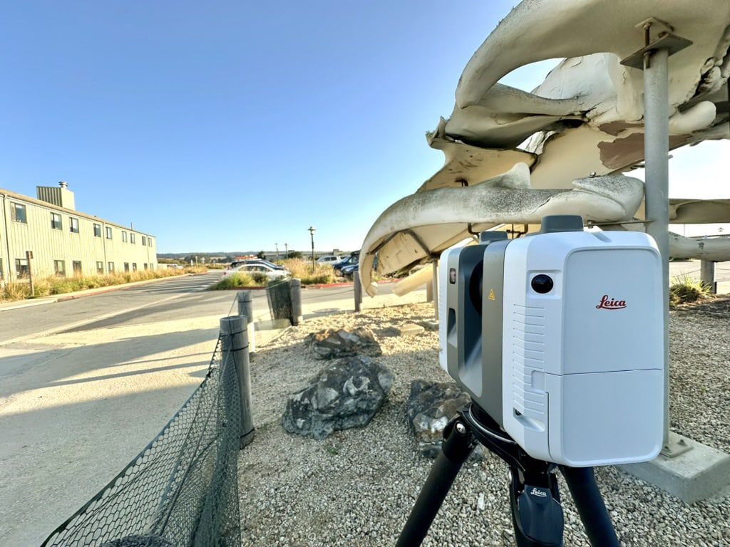 a leica scanning device set up on a tripod capturing images of a large whale skeleton in the background near a coastal road the setting has clear blue skies and buildings in the distance showcasing a mix of nature and technology digital production A Leica scanning device set up on a tripod, capturing images of a large whale skeleton in the background near a coastal road. The setting has clear blue skies and buildings in the distance, showcasing a mix of nature and technology.