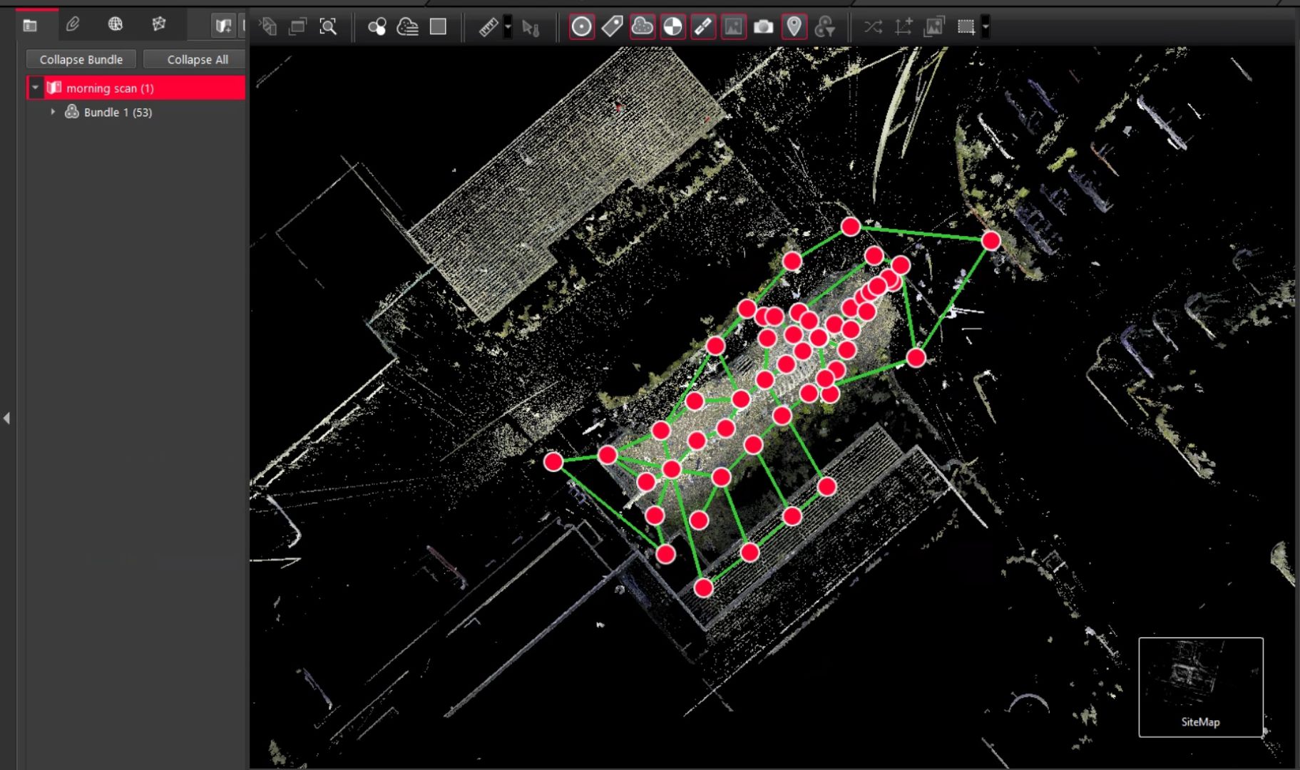 a computer screen displaying a digital map with a dark background and bright red dots connected by green lines indicating various points and pathways a sidebar showing options for managing data layers is present digital production A computer screen displaying a digital map with a dark background and bright red dots connected by green lines, indicating various points and pathways. A sidebar showing options for managing data layers is present.