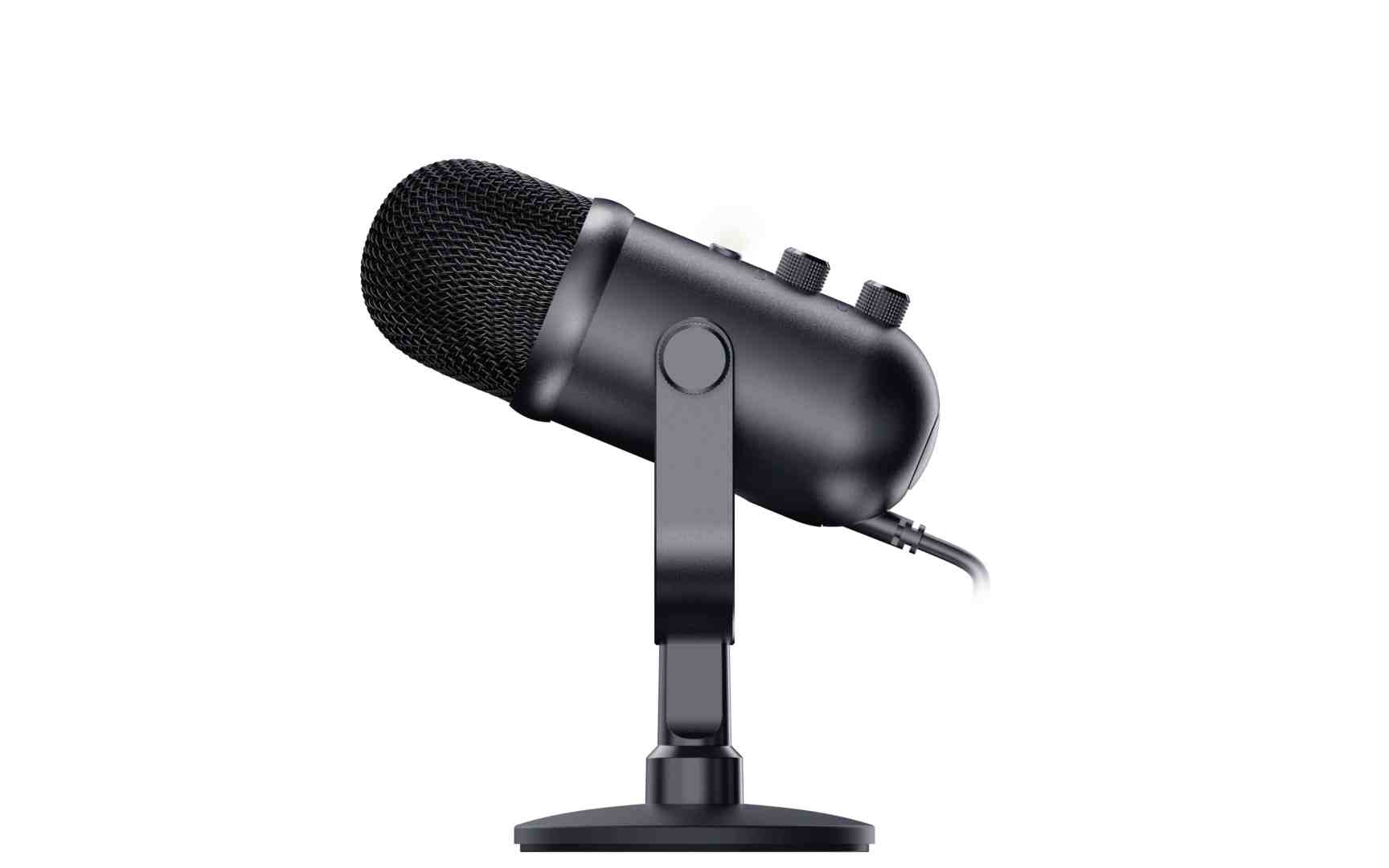 a black condenser microphone positioned on a sturdy stand featuring a textured grille and control knobs on the side set against a plain white background digital production A black condenser microphone positioned on a sturdy stand, featuring a textured grille and control knobs on the side, set against a plain white background.