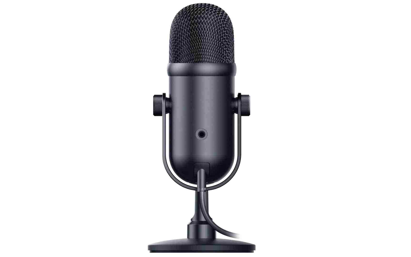 a professional black microphone with a mesh grille on top mounted on a sturdy base positioned upright against a plain white background digital production A professional black microphone with a mesh grille on top, mounted on a sturdy base, positioned upright against a plain white background.
