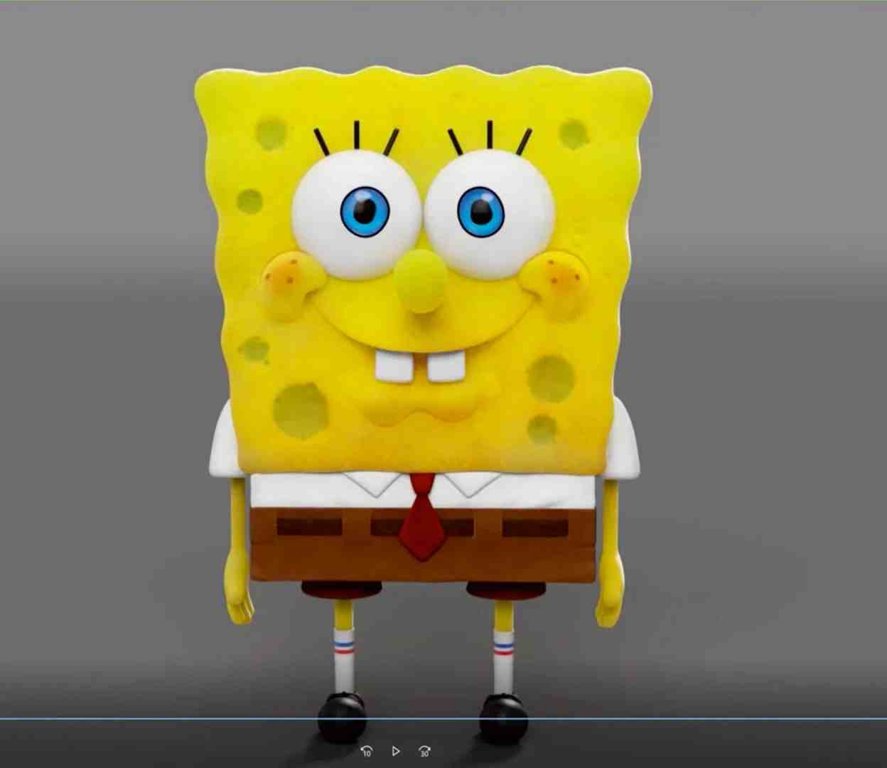 a cheerful cartoon character resembling a yellow sea sponge with large blue eyes and a broad smile dressed in a white shirt red tie and brown shorts standing upright with a friendly expression on a neutral gray background digital production A cheerful cartoon character resembling a yellow sea sponge, with large blue eyes and a broad smile, dressed in a white shirt, red tie, and brown shorts, standing upright with a friendly expression on a neutral gray background.