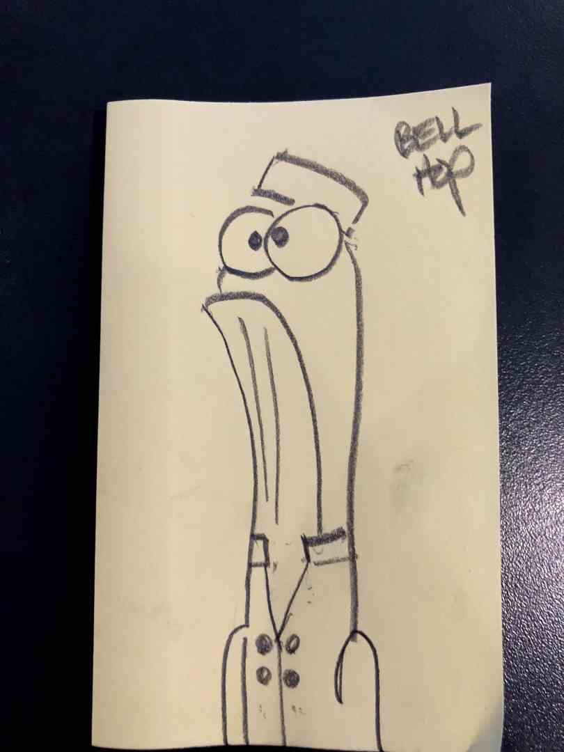 a cartoonish drawing of a bellhop with a tall elongated head and large eyes wearing a bellhop uniform and a cap the drawing is on a yellow sticky note with the words bell hop written in the top right corner digital production A cartoonish drawing of a bellhop with a tall, elongated head and large eyes, wearing a bellhop uniform and a cap. The drawing is on a yellow sticky note, with the words "BELL HOP" written in the top right corner.