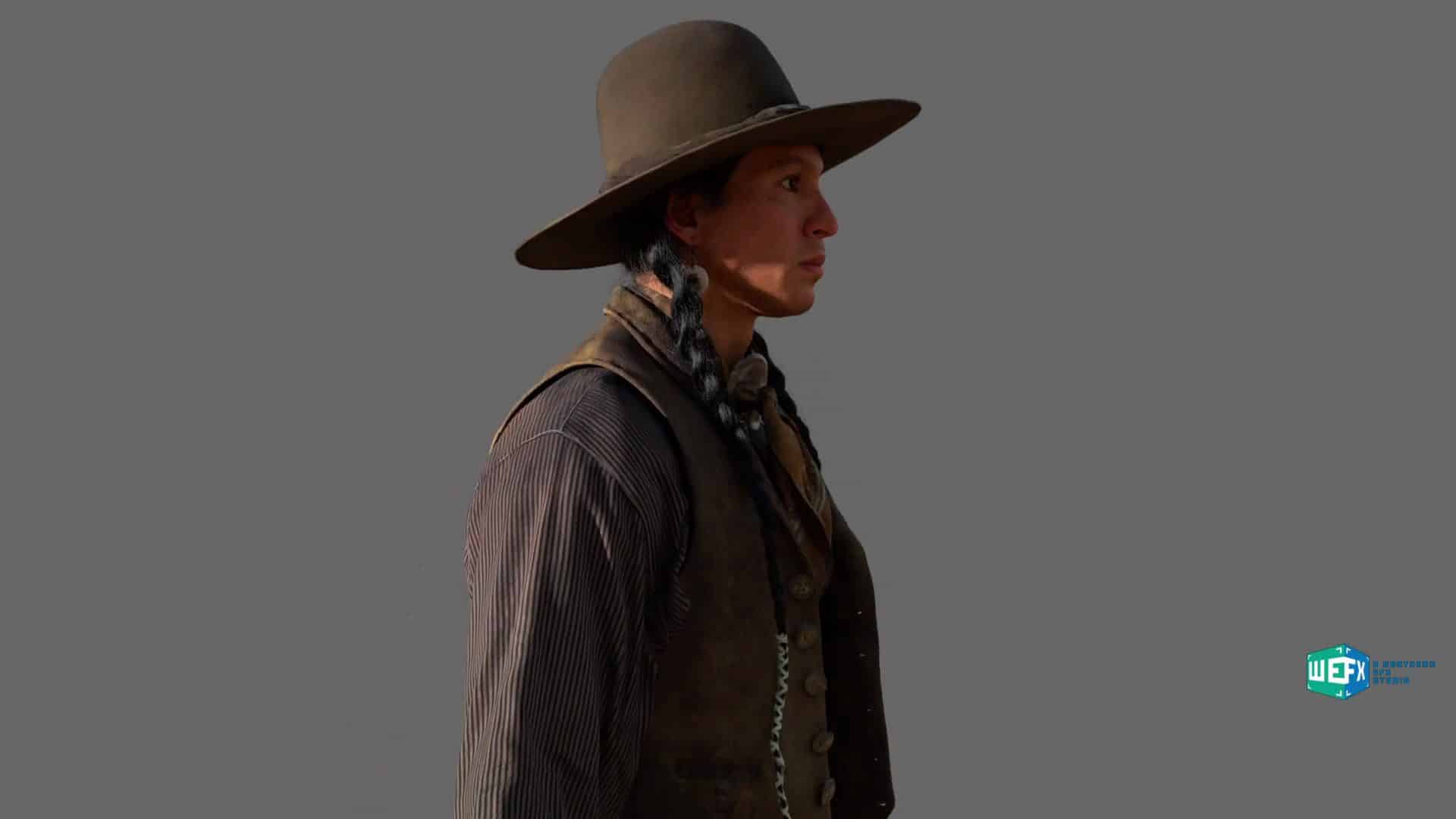 a profile view of a man wearing a large hat and a vest with a striped shirt set against a gray background the man has a braided hairstyle and a scarf around his neck digital production A profile view of a man wearing a large hat and a vest with a striped shirt, set against a gray background. The man has a braided hairstyle and a scarf around his neck.