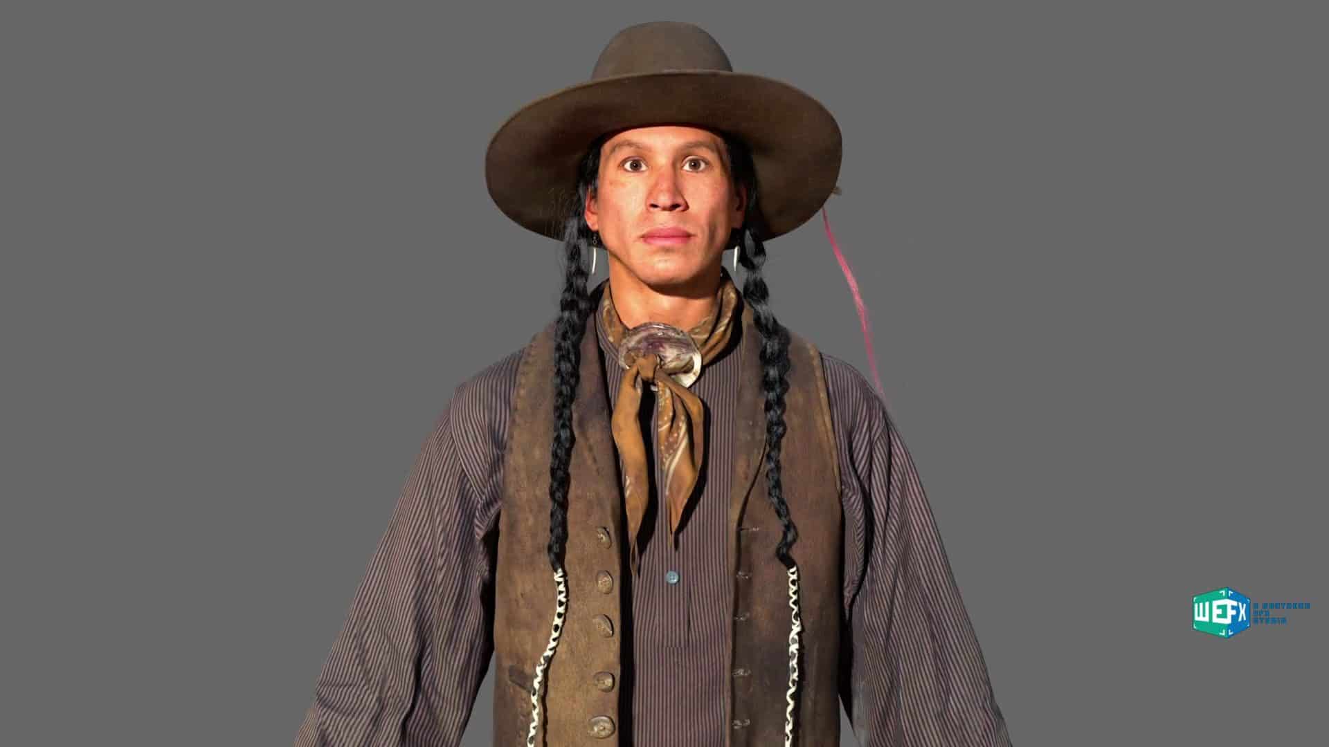 a man wearing a widebrimmed hat and a westernstyle outfit with long braids standing against a gray background he has a serious expression and is dressed in a buttonup shirt and a neck scarf digital production A man wearing a wide-brimmed hat and a western-style outfit with long braids, standing against a gray background. He has a serious expression and is dressed in a button-up shirt and a neck scarf.