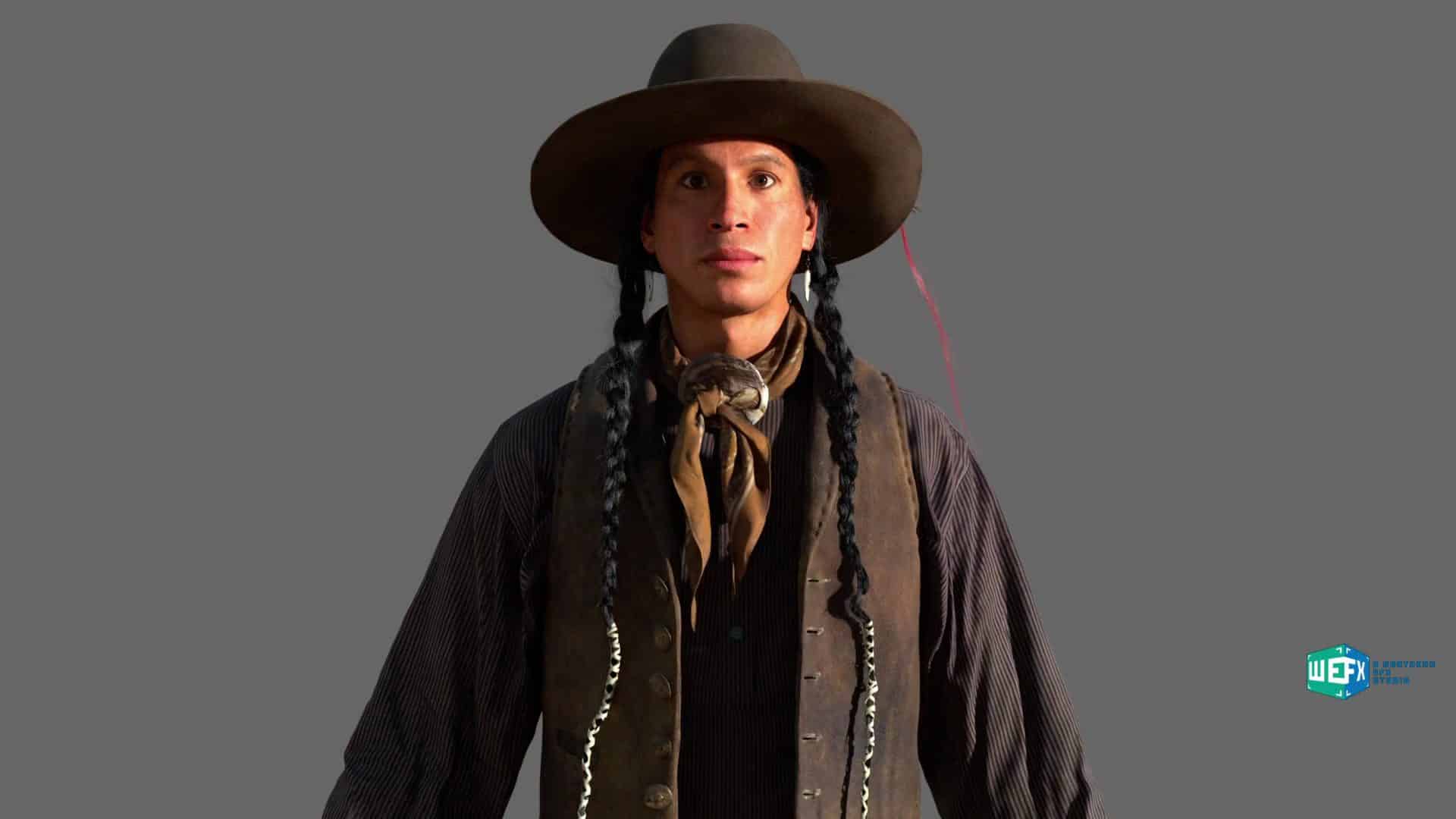 a person wearing a widebrimmed hat and traditional western attire including a vest and neck scarf standing against a gray background long braided hair is visible the individual has a neutral expression digital production A person wearing a wide-brimmed hat and traditional Western attire, including a vest and neck scarf, standing against a gray background. Long braided hair is visible. The individual has a neutral expression.