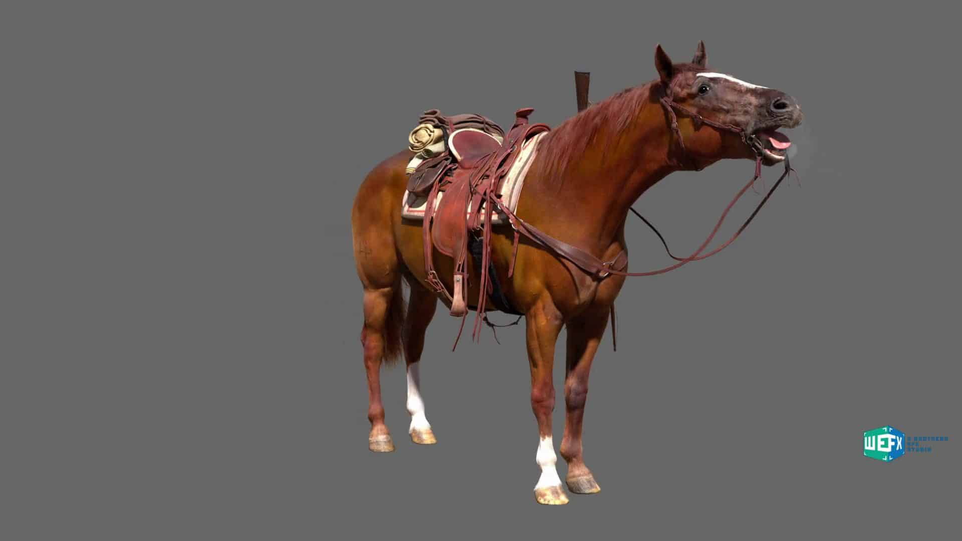 a brown horse wearing a saddle and bridle standing against a grey background the horse appears to be vocalizing with its mouth open the saddle features decorative elements digital production A brown horse wearing a saddle and bridle, standing against a grey background. The horse appears to be vocalizing, with its mouth open. The saddle features decorative elements.