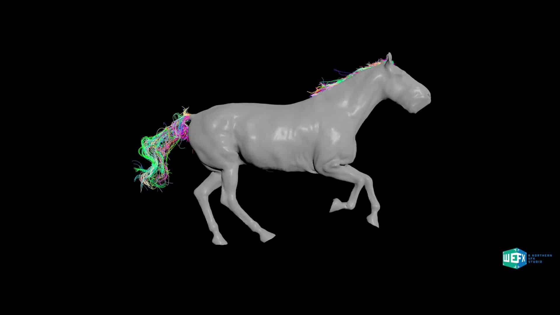 a 3d rendered model of a horse in a running pose displayed against a black background the horse is white with colorful flowing hair effects in shades of green pink and blue around its mane and tail digital production A 3D rendered model of a horse in a running pose, displayed against a black background. The horse is white with colorful, flowing hair effects in shades of green, pink, and blue around its mane and tail.