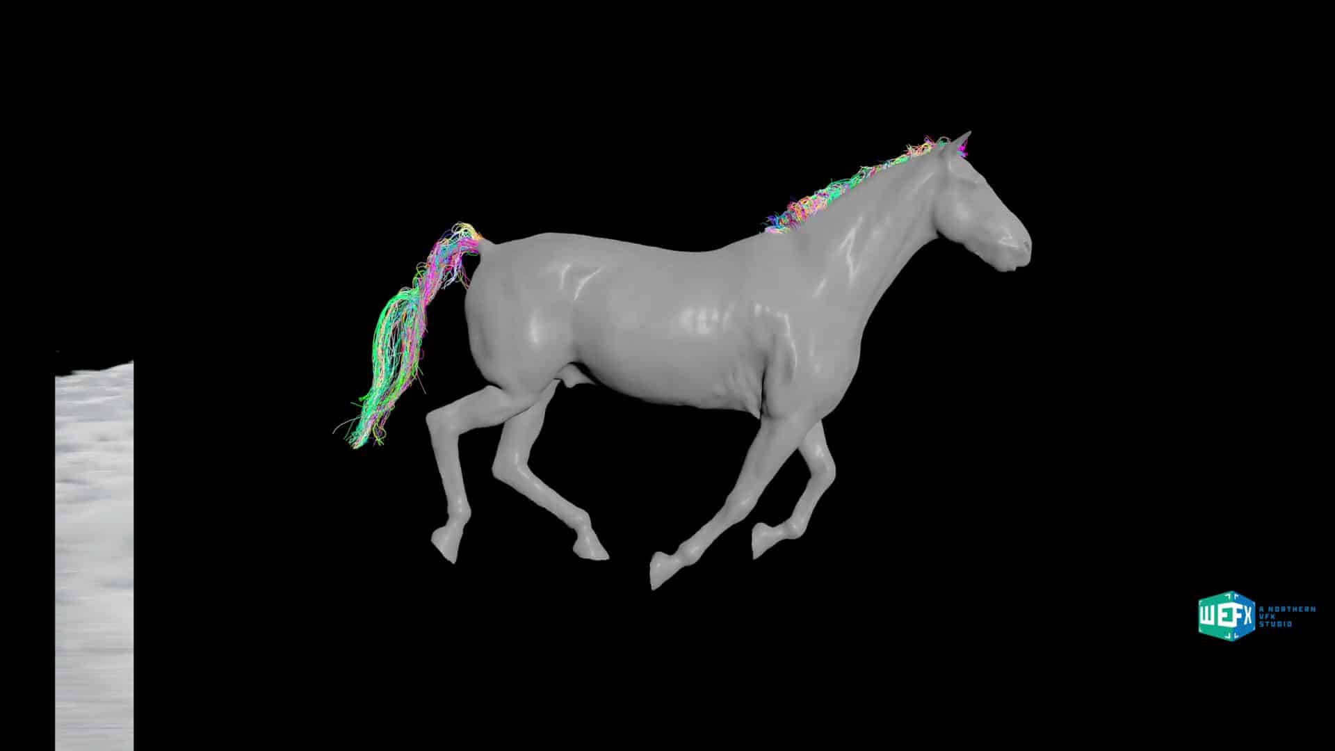 a gray horse in motion against a black background with colorful hair flowing along its mane a side visual shows a textured surface next to it the image emphasizes the horses dynamic posture and stylized mane effects digital production A gray horse in motion against a black background, with colorful hair flowing along its mane. A side visual shows a textured surface next to it. The image emphasizes the horse's dynamic posture and stylized mane effects.