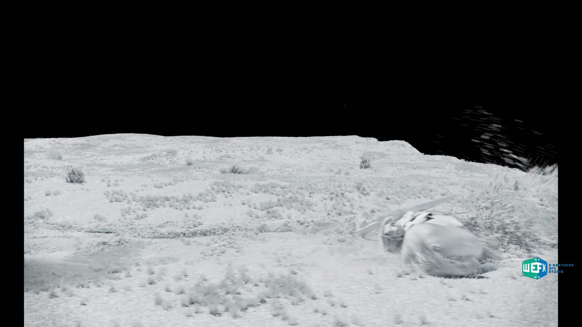 a barren white landscape resembling a snowy terrain with scattered patches and textures the scene is set against a black background suggesting a low visibility environment a partially visible object is located towards the bottom right of the image digital production A barren, white landscape resembling a snowy terrain with scattered patches and textures. The scene is set against a black background, suggesting a low visibility environment. A partially visible object is located towards the bottom right of the image.