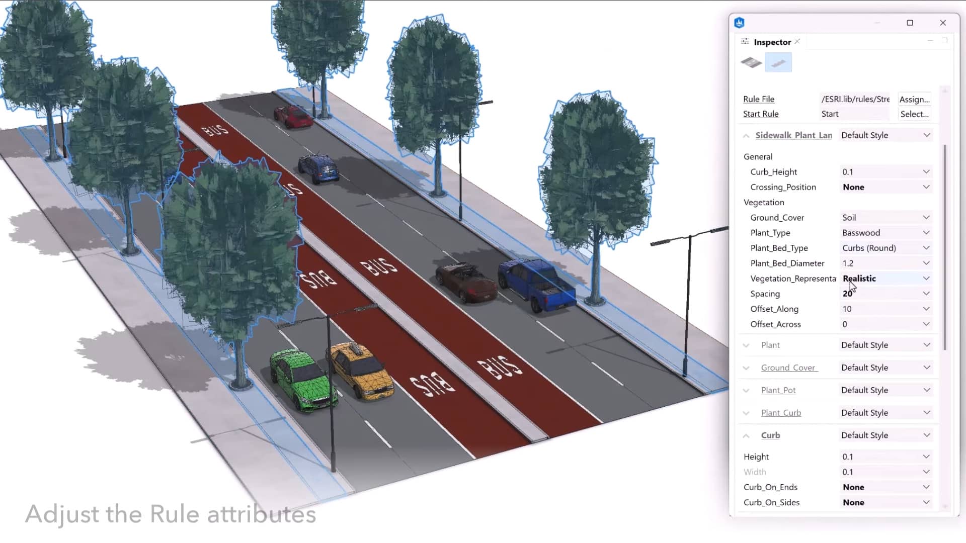 a 3d rendering of a street scene featuring trees lining both sides and vehicles parked along the road a sidebar on the right displays settings for adjusting attributes in a software interface digital production A 3D rendering of a street scene featuring trees lining both sides and vehicles parked along the road. A sidebar on the right displays settings for adjusting attributes in a software interface.