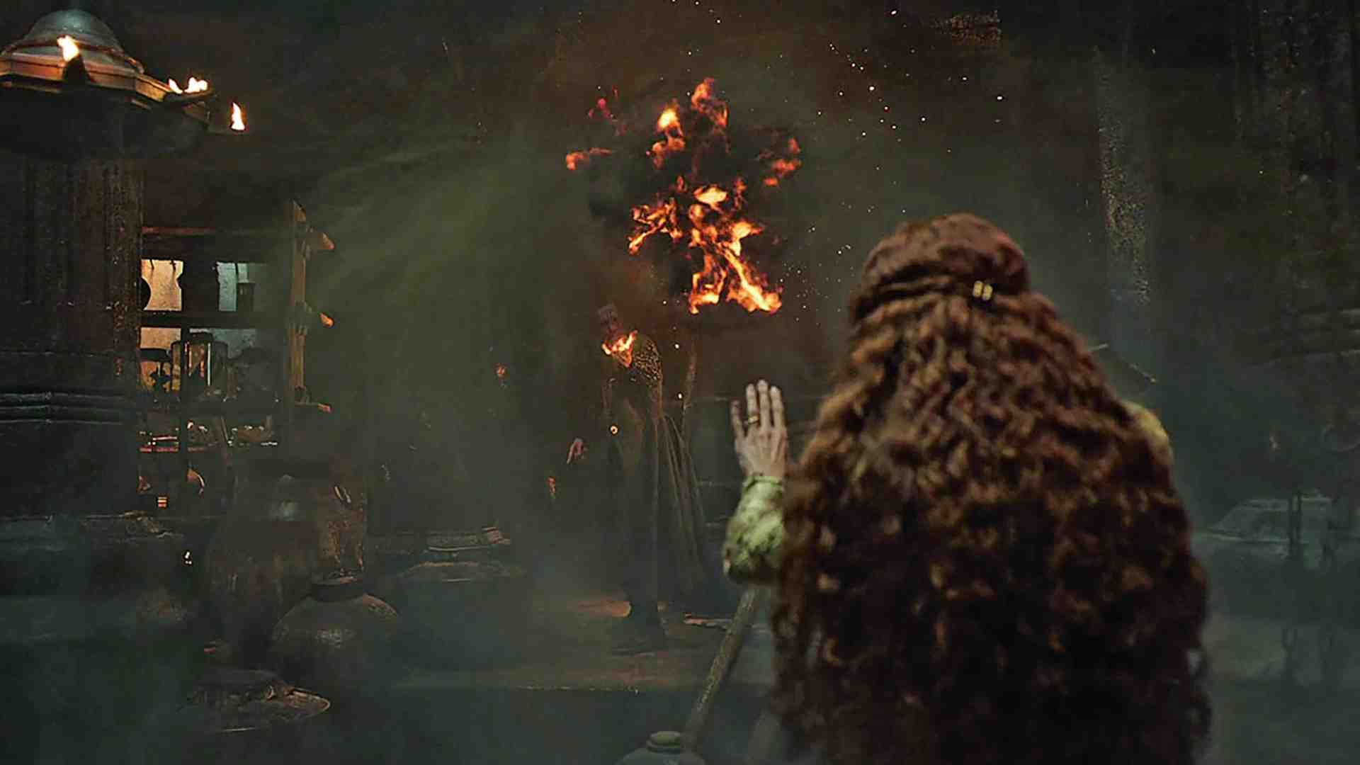 a woman with long curly hair standing with her back to the viewer facing a figure holding a flaming torch amidst a smoky dimly lit environment filled with ancient artifacts digital production A woman with long curly hair standing with her back to the viewer, facing a figure holding a flaming torch amidst a smoky, dimly lit environment filled with ancient artifacts.