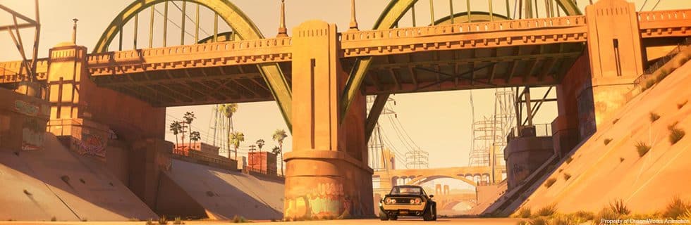 a vintage car driving under a large arched green bridge sunlight casts warm tones over the scene revealing a dry riverbed flanked by palm trees and industrial structures in the background digital production A vintage car driving under a large, arched green bridge. Sunlight casts warm tones over the scene, revealing a dry riverbed flanked by palm trees and industrial structures in the background.