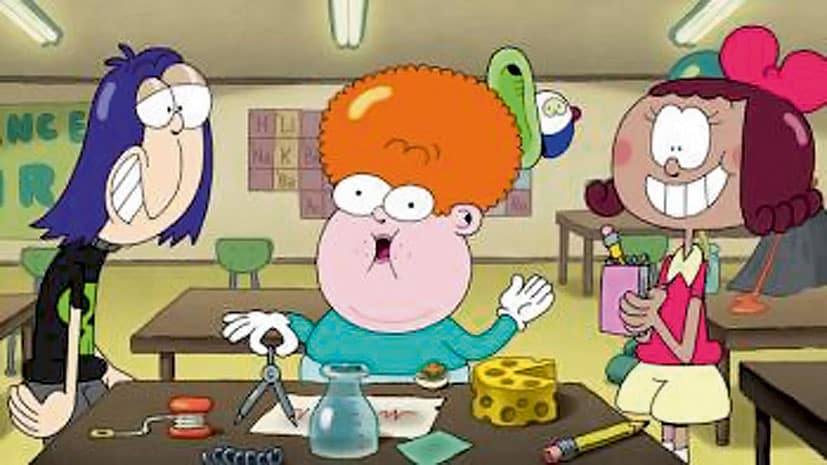 three animated characters in a classroom setting excitedly interacting over a science project on a table the character in the center has a round face with curly orange hair while the others have dark hair and playful expressions supplies like a jar scissors and a piece of cheese are on the table digital production Three animated characters in a classroom setting, excitedly interacting over a science project on a table. The character in the center has a round face with curly orange hair, while the others have dark hair and playful expressions. Supplies like a jar, scissors, and a piece of cheese are on the table.