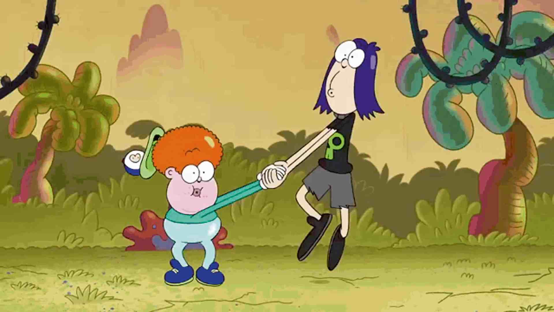 two cartoon characters in a colorful jungle setting one with orange curly hair and a green cap and the other with long purple hair holding hands and swinging together the background features vibrant trees and plants creating a playful atmosphere digital production Two cartoon characters in a colorful jungle setting, one with orange curly hair and a green cap, and the other with long purple hair, holding hands and swinging together. The background features vibrant trees and plants, creating a playful atmosphere.