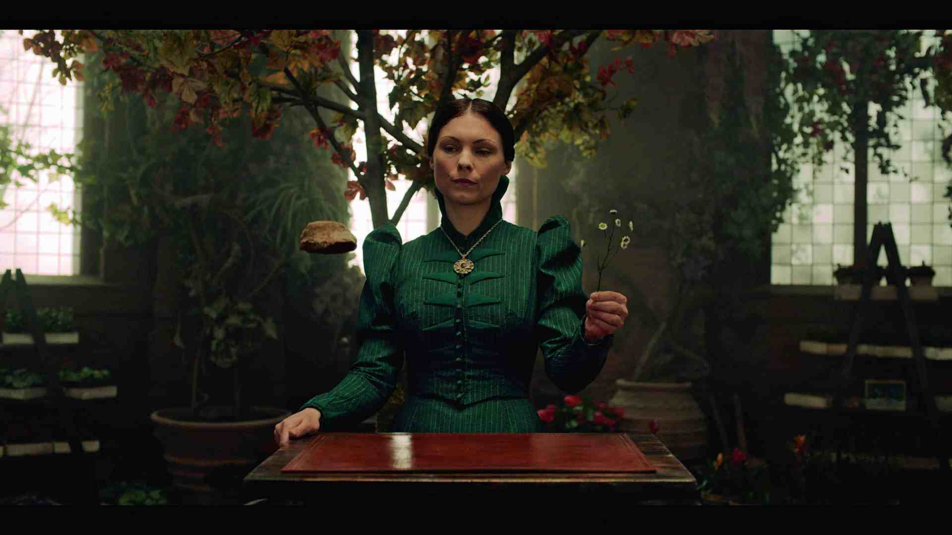 a woman dressed in a vintage green dress stands in a lush vibrant greenhouse filled with plants she holds a small flower in one hand and looks intently at the viewer sunlight filters through stained glass windows casting colorful shadows digital production A woman in a green dress holds a small flower in one hand and appears to be levitating a piece of bread in front of her, set against a backdrop of plants and a softly lit room.