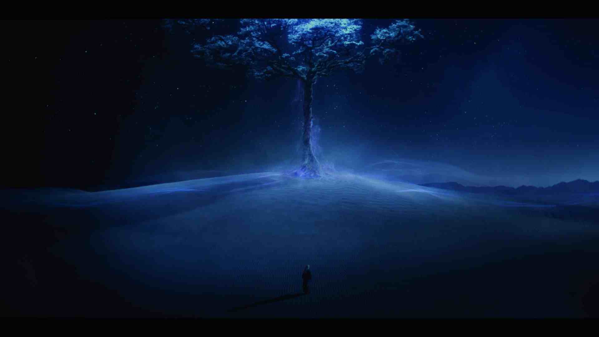 a solitary figure standing in a wide expanse of sand facing a large illuminated tree against a dark starry sky the scene conveys a sense of isolation and tranquility digital production A solitary figure standing in a wide expanse of sand, facing a large, illuminated tree against a dark, starry sky. The scene conveys a sense of isolation and tranquility.
