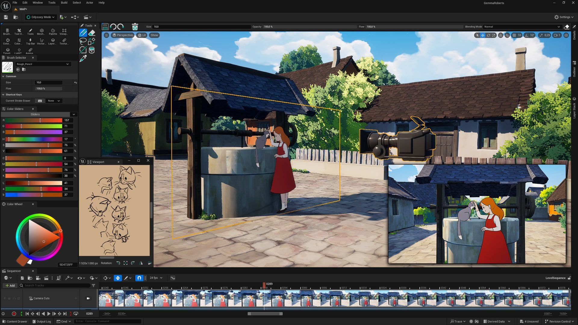 a digital art workspace displaying a vibrant animated scene with a woman in a red dress at a water well the background features quaint houses and trees under a blue sky sketches are visible in a panel showing character designs digital production A digital art workspace displaying a vibrant animated scene with a woman in a red dress at a water well. The background features quaint houses and trees under a blue sky. Sketches are visible in a panel, showing character designs.