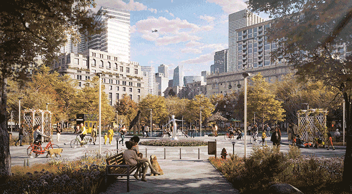 featureassetvariationssupport690х380 digital production A vibrant urban park scene featuring people enjoying various activities, including children playing, adults sitting on benches, and a playground. The background displays modern city buildings and greenery under a partly cloudy sky.