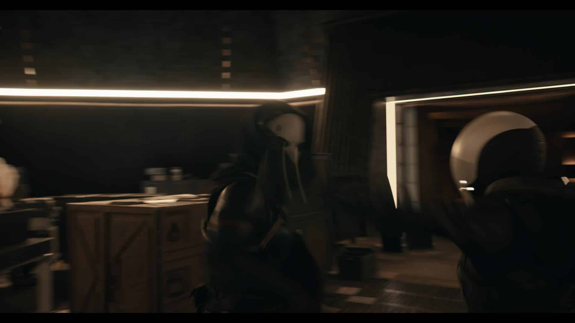 two figures wearing dark outfits and masks engage in an action scene inside a dimly lit room boxes and furniture are scattered around with soft lighting highlighting the surroundings digital production Two figures wearing dark outfits and masks engage in an action scene inside a dimly lit room. Boxes and furniture are scattered around, with soft lighting highlighting the surroundings.
