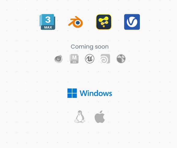 icons representing various software applications including 3ds max blender and fview along with text indicating coming soon and logos for windows linux and macos digital production Icons representing various software applications including 3ds Max, Blender, and FView, along with text indicating 'Coming soon' and logos for Windows, Linux, and MacOS.