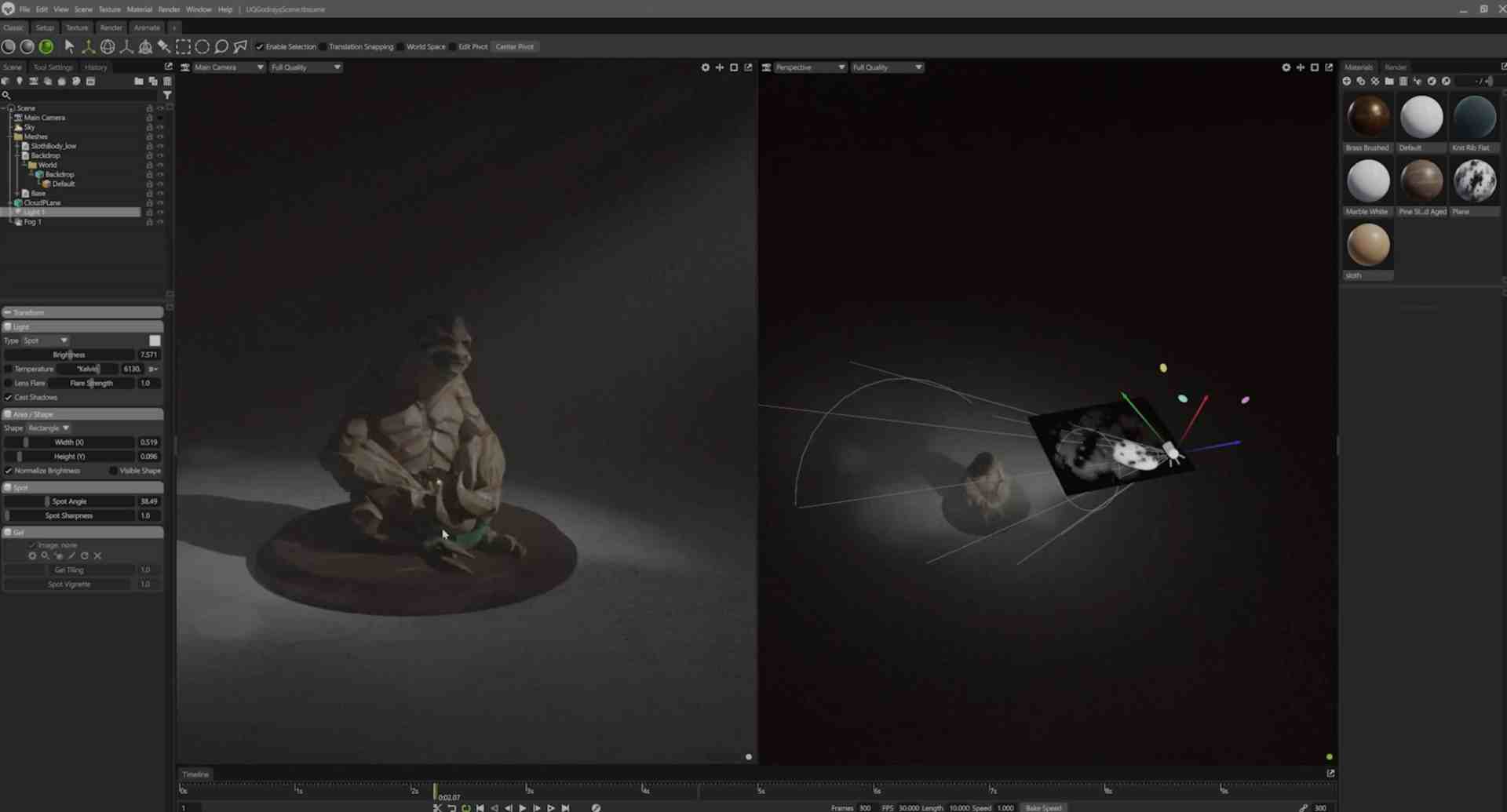 a sculpted figure of a humanoid character sitting crosslegged on a circular base illuminated in soft light to the right a design interface showing lights and shadows in a 3d rendering environment the atmosphere is moody and artistic digital production A sculpted figure of a humanoid character sitting cross-legged on a circular base, illuminated in soft light. To the right, a design interface showing lights and shadows in a 3D rendering environment. The atmosphere is moody and artistic.