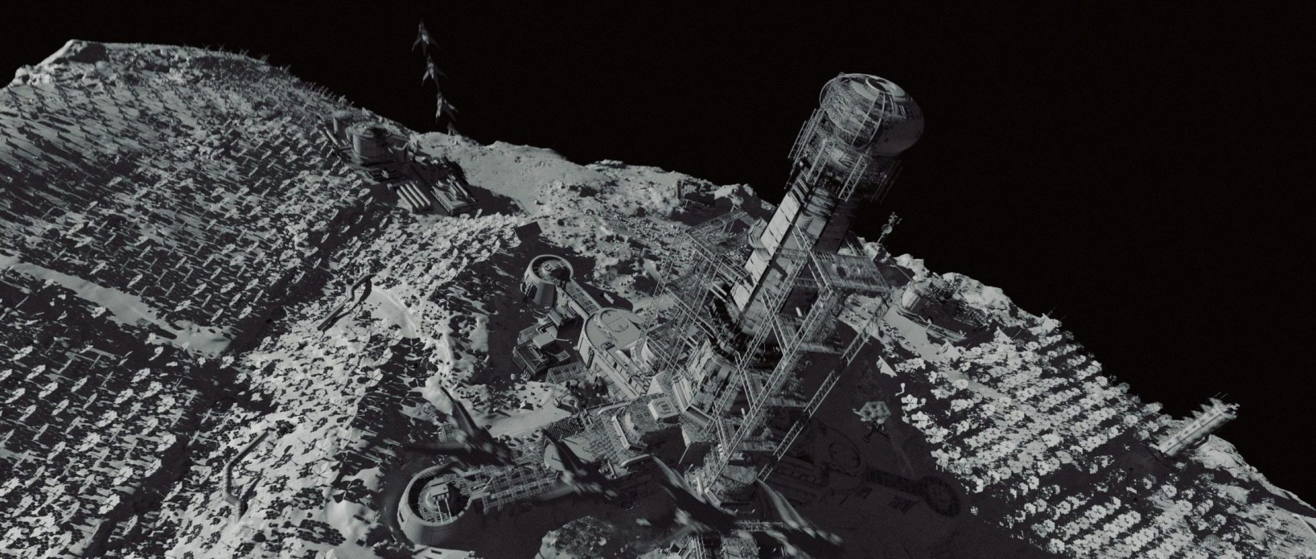 an aerial view of a futuristic lunar structure resembling a tower standing on a barren lunar landscape with craters and rocky terrain the scene is set against a deep black space background enhancing the stark contrast of the structure digital production An aerial view of a futuristic lunar structure, resembling a tower, standing on a barren lunar landscape with craters and rocky terrain. The scene is set against a deep black space background, enhancing the stark contrast of the structure.