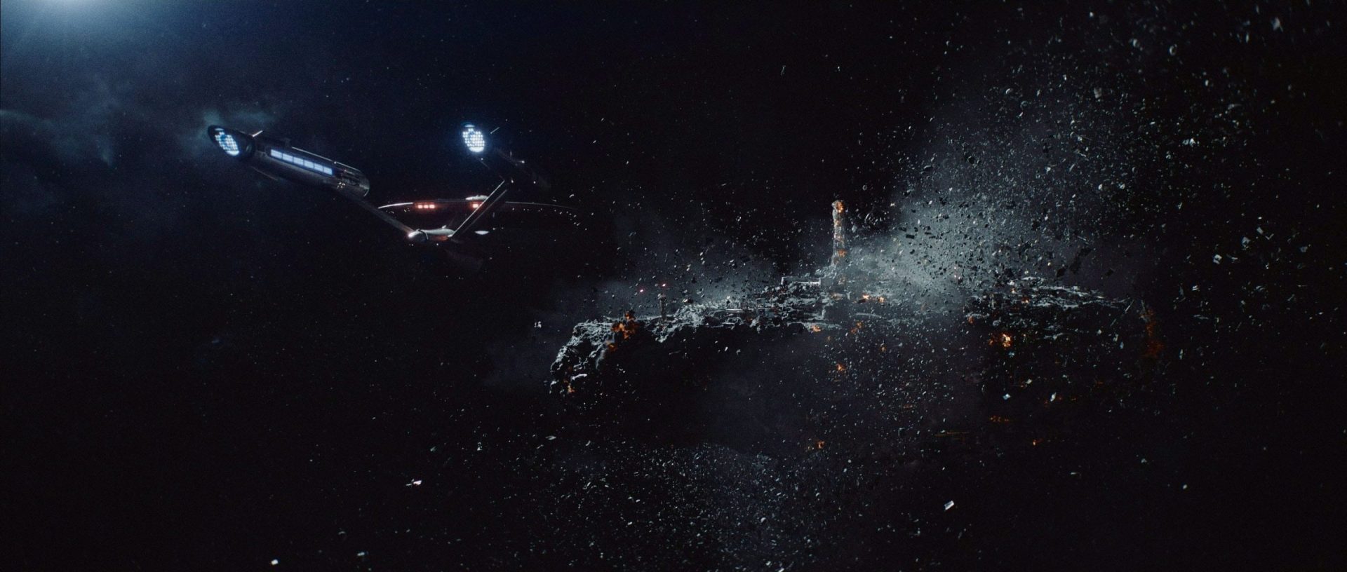 a spaceship navigating through a dark space scene near a large fragmented structure surrounded by floating debris illuminated by bright lights from the craft digital production A spaceship navigating through a dark space scene, near a large, fragmented structure surrounded by floating debris, illuminated by bright lights from the craft.