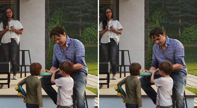 a man kneels on a wooden deck showing a toy to two young boys one boy is wearing a green shirt the other in a white shirt a woman stands in the background holding a cup and observing them lush greenery surrounds the scene digital production A man kneels on a wooden deck, showing a toy to two young boys. One boy is wearing a green shirt, the other in a white shirt. A woman stands in the background, holding a cup and observing them. Lush greenery surrounds the scene.