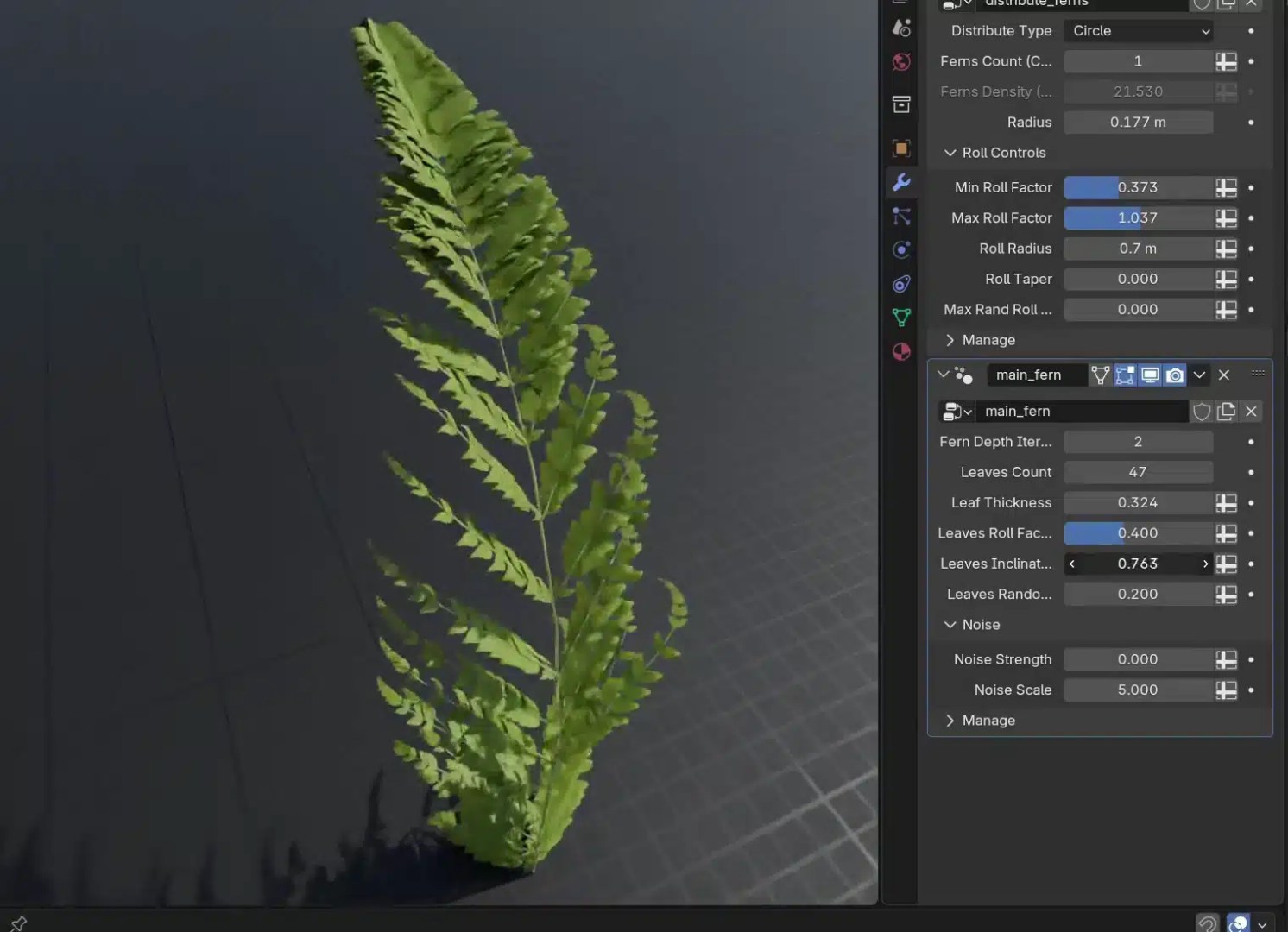 a closeup view of a detailed fern model displayed in a 3d software interface showcasing its leaf structure side panels show various settings such as distribution radius and leaf thickness indicating customization options digital production A close-up view of a detailed fern model displayed in a 3D software interface, showcasing its leaf structure. Side panels show various settings such as distribution, radius, and leaf thickness, indicating customization options.