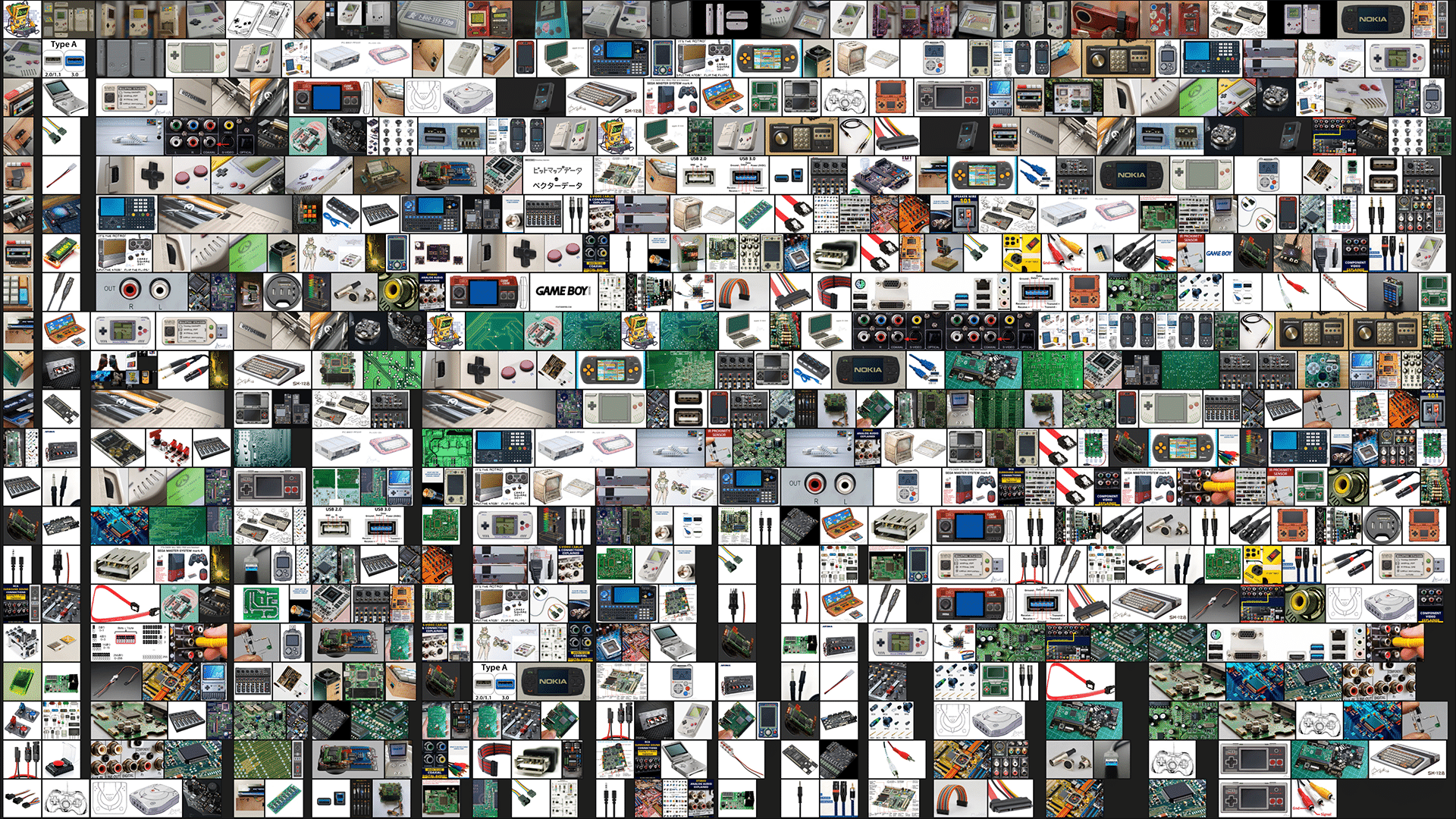 A collage of various product images showcasing electronics, design concepts, and tech gadgets arranged in a grid format. Each image features different items, including screens, accessories, and graphic designs, displayed on diverse backgrounds.