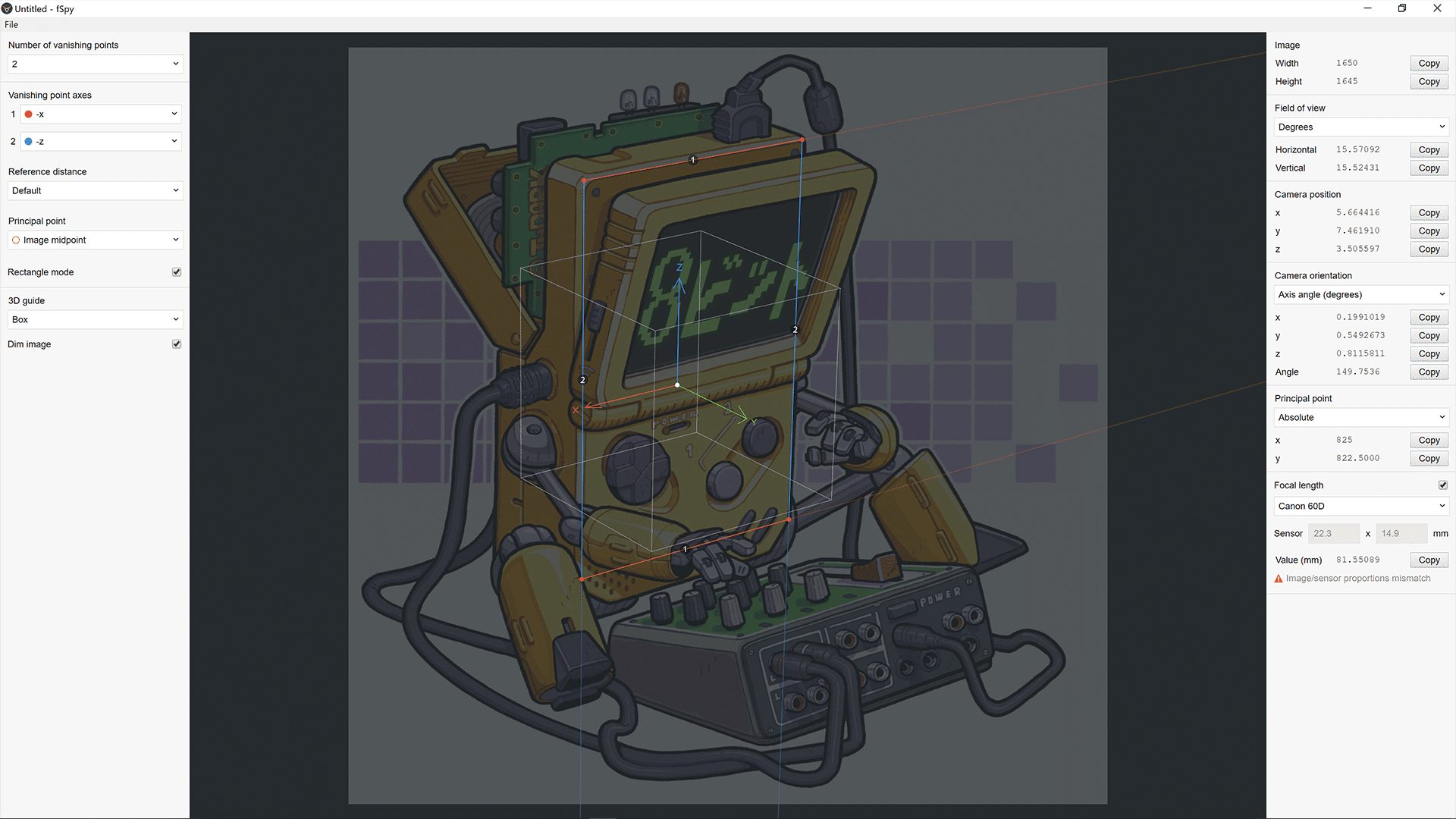 A retro-style handheld gaming device with a thick yellow casing and a green screen displaying a pixelated '81%' graphic. It features buttons and dials, along with colorful cables connected to its base.