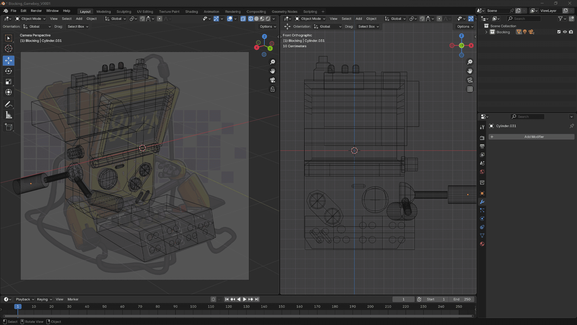 A digital 3D modeling workspace in Blender showcasing a retro-inspired gadget with a detailed wireframe view on the left and a grid layout on the right, including various control buttons and dials.