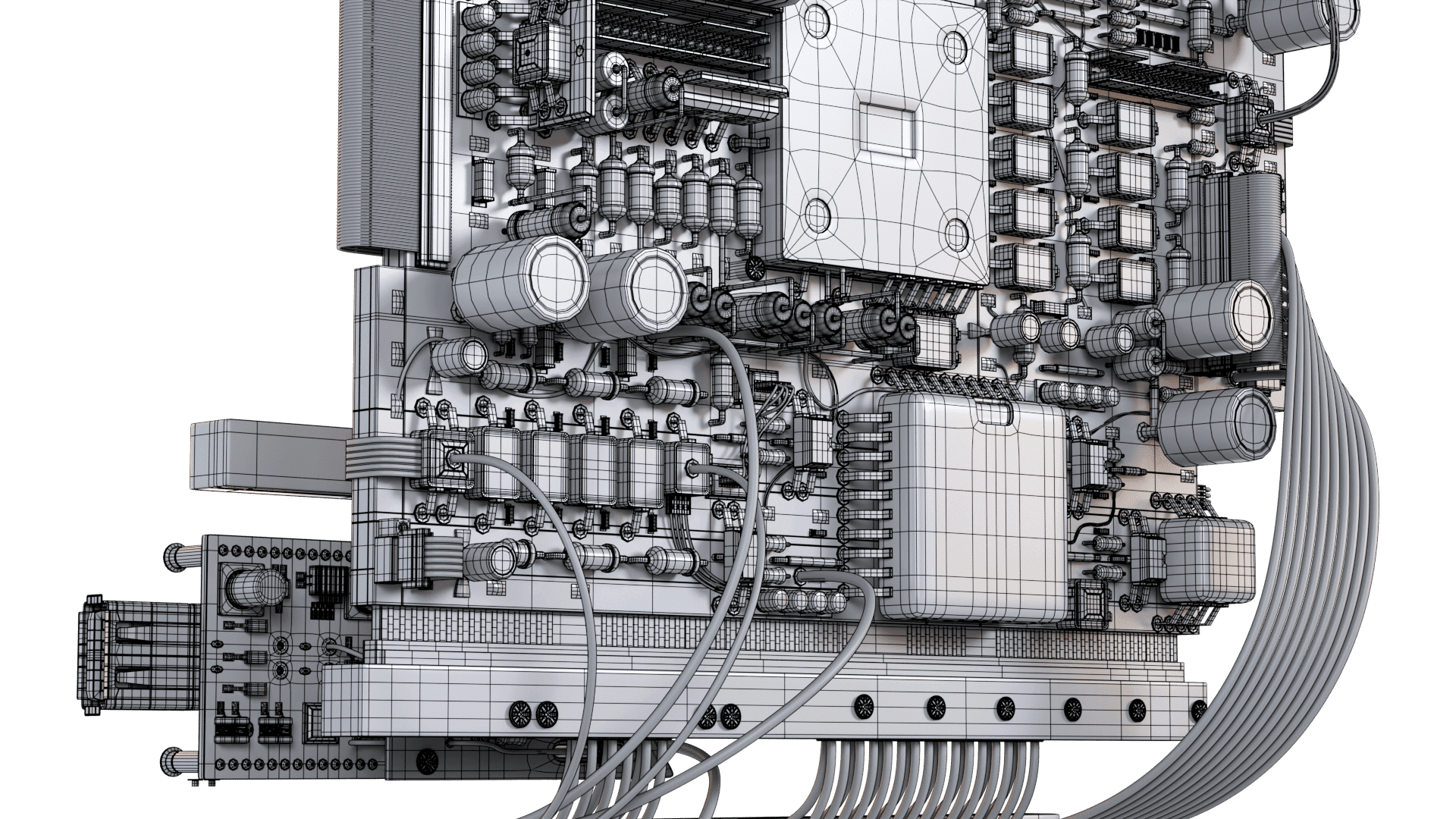 a detailed wireframe rendering of a circuit board showcasing various components such as capacitors resistors and a central processing unit the design includes intricate pathways and connections highlighting the complexity of electronic circuitry digital production A detailed wireframe rendering of a circuit board, showcasing various components such as capacitors, resistors, and a central processing unit. The design includes intricate pathways and connections, highlighting the complexity of electronic circuitry.