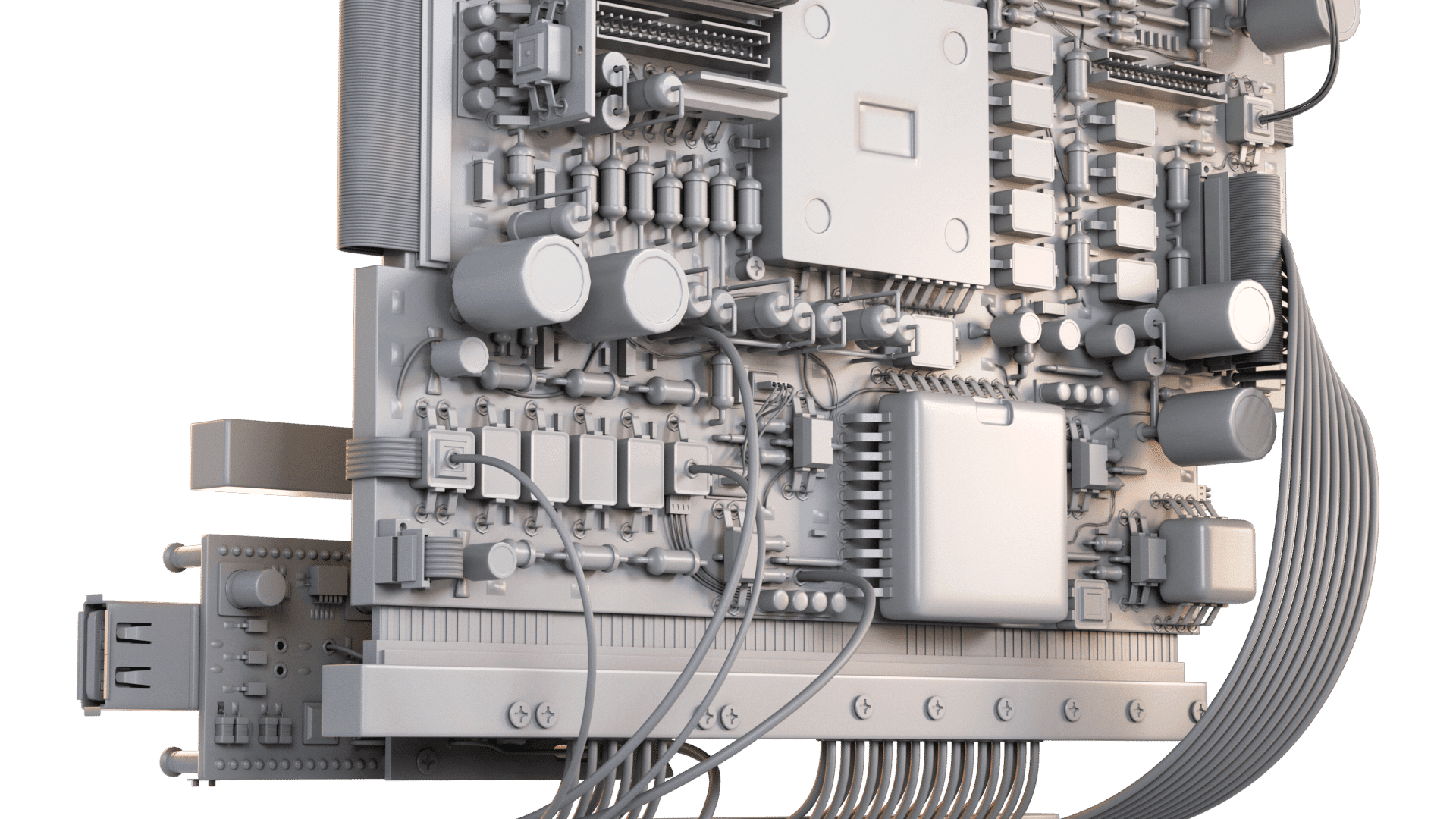 a detailed view of a circuit board displaying intricate pathways components and connections showcasing various electronic parts such as capacitors and chips in a grayscale design digital production A detailed view of a circuit board displaying intricate pathways, components, and connections, showcasing various electronic parts such as capacitors and chips in a grayscale design.
