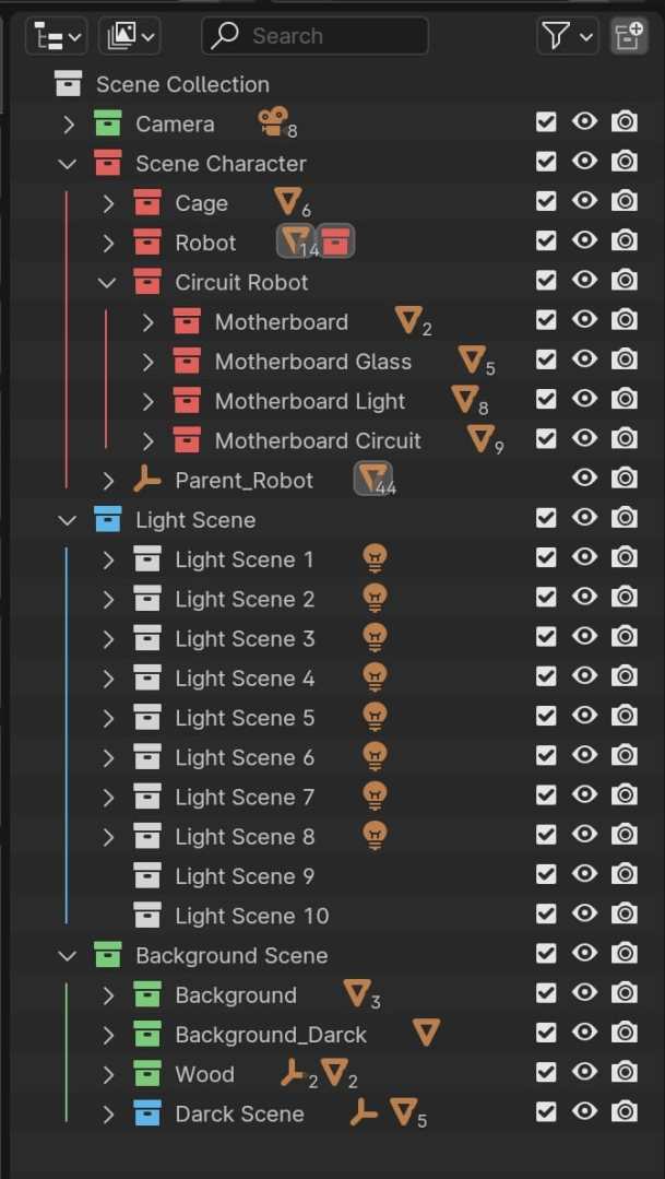 a screenshot of a 3d modeling software interface showcasing the scene collection panel the panel displays various elements including a robot cage circuit robot and different light and background scenes each with checkboxes for visibility digital production A screenshot of a 3D modeling software interface showcasing the scene collection panel. The panel displays various elements including a 'Robot', 'Cage', 'Circuit Robot', and different light and background scenes, each with checkboxes for visibility.