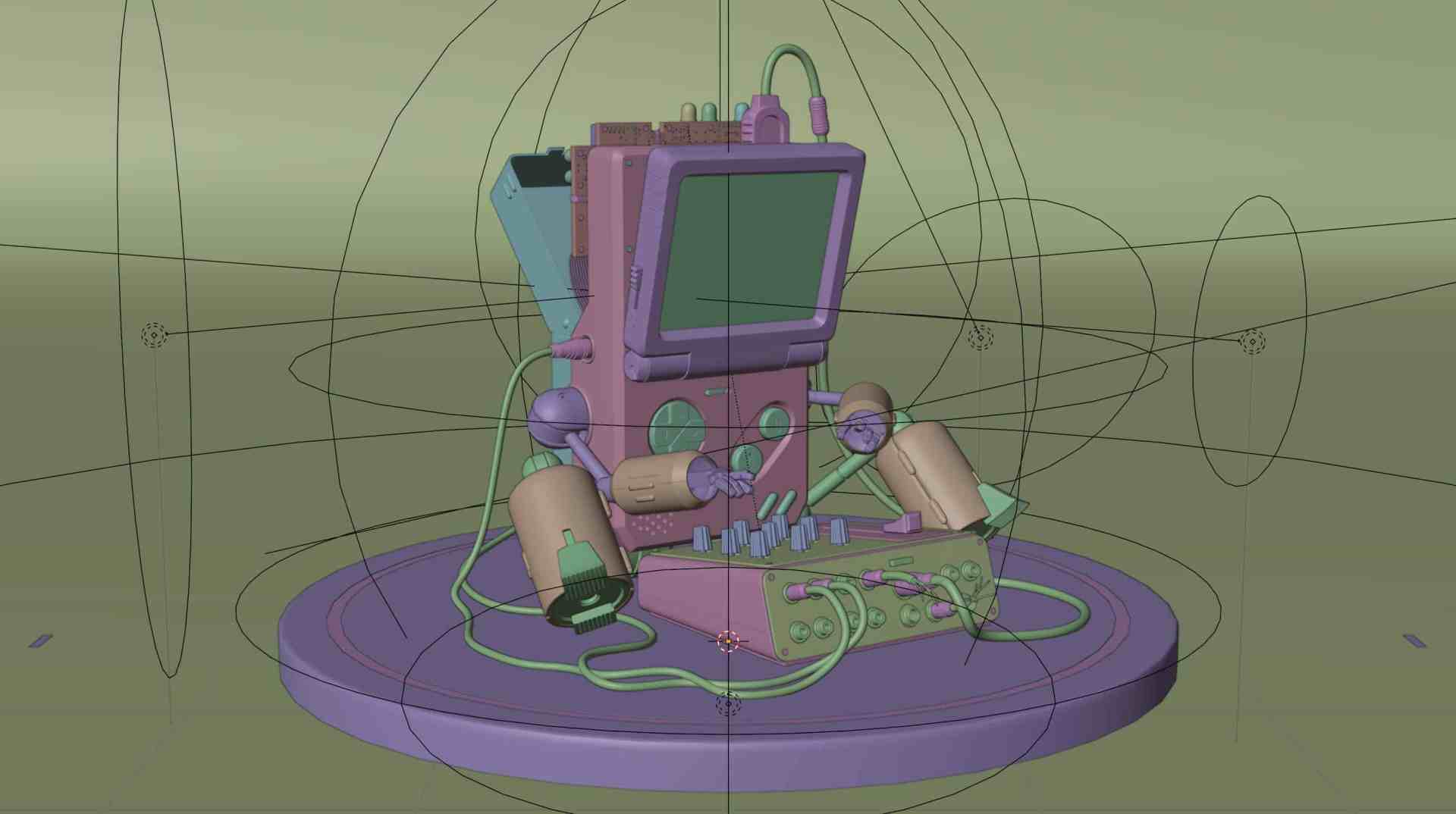 a stylized 3d model of a retro gaming console surrounded by colorful wires and components displayed on a circular base with a faint grid background emphasizing the vibrant design and futuristic aesthetics digital production A stylized 3D model of a retro gaming console surrounded by colorful wires and components, displayed on a circular base with a faint grid background, emphasizing the vibrant design and futuristic aesthetics.