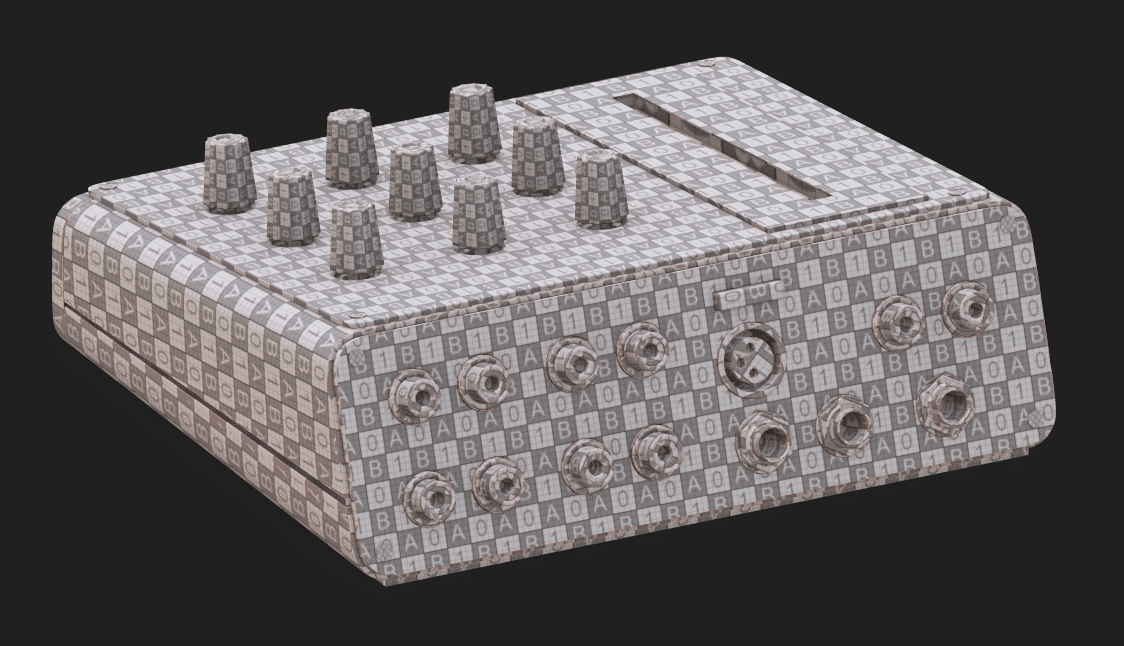 a 3d rendering of a sound mixer with various knobs and inputoutput ports the surface is textured with a repeating pattern featuring the letters b and a set against a plain black background digital production A 3D rendering of a sound mixer with various knobs and input/output ports. The surface is textured with a repeating pattern featuring the letters 'B' and 'A', set against a plain black background.